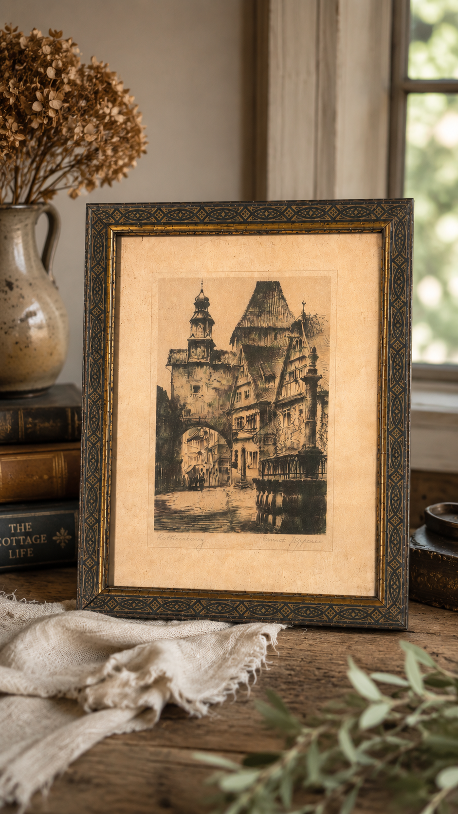Vintage Pencil-Signed Rothenburg Etching in Decorative Metal Frame | Likely Ernst Zipperer