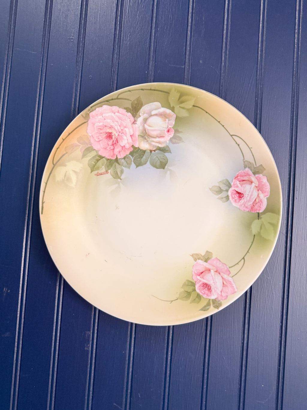 Antique P.S.A.G. Bavaria Maurville Hand-Painted Pink Rose Porcelain Charger | 12”