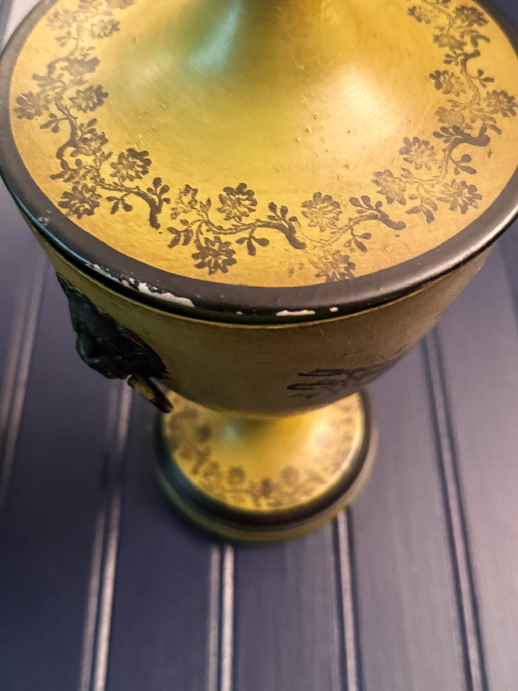 Pair of Vintage Italian Toleware Lidded Urns | Neoclassical Lion Handle Pedestal Urns
