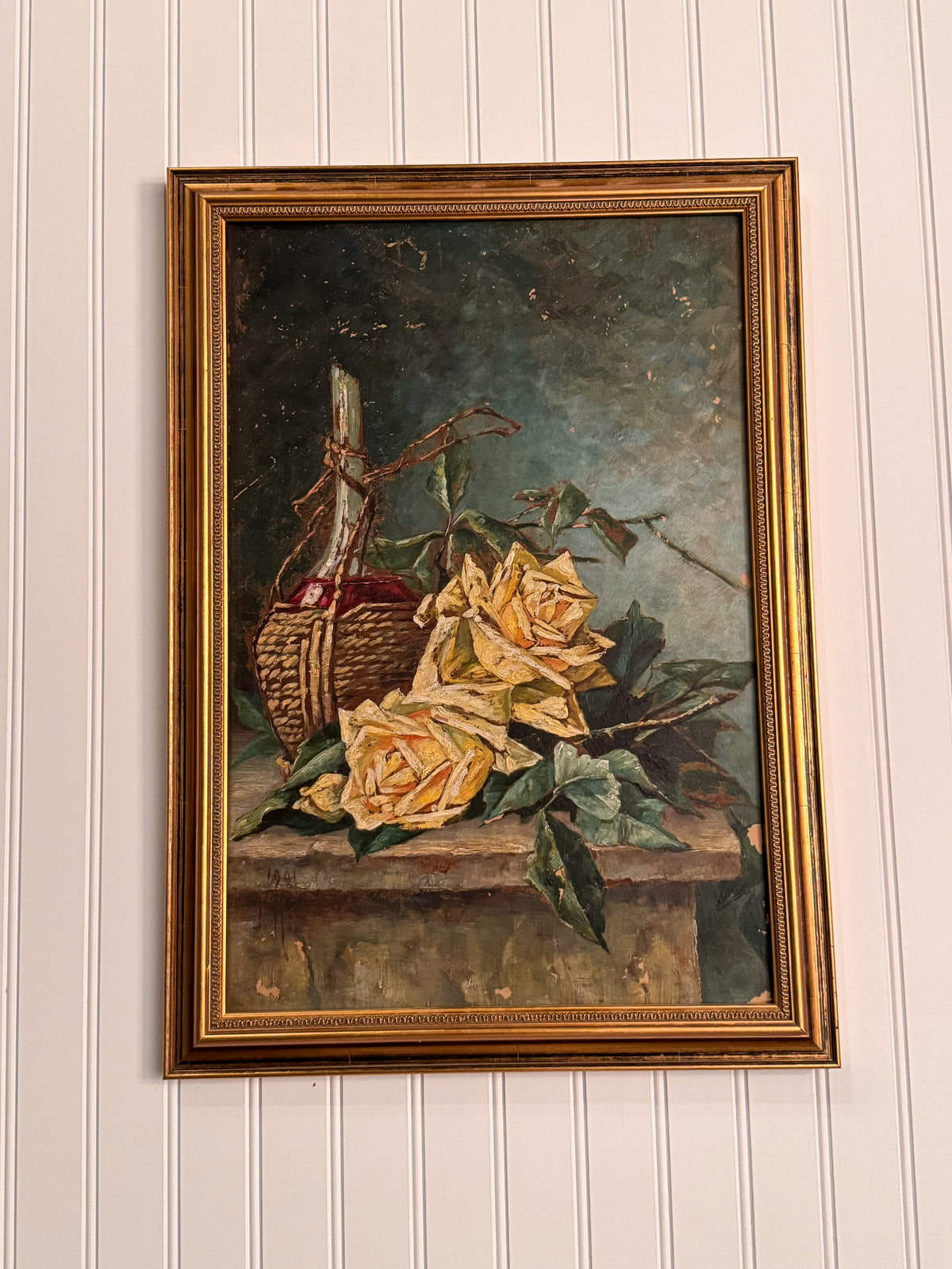 1901 Signed Oil on Board Still Life | Roses & Wine Bottle