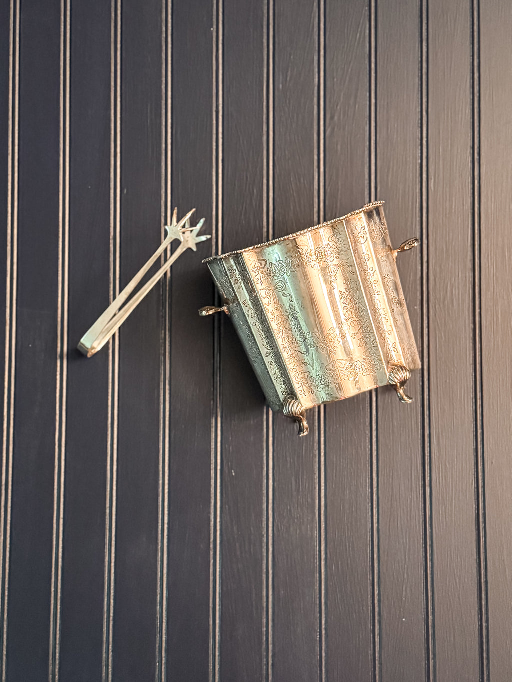 Vintage Silver-Plated Champagne Bucket with Matching Tongs | Garland & Bow Motif