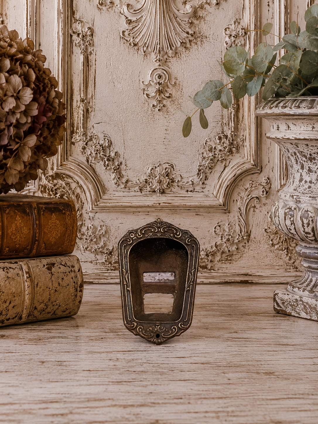 Antique French Brass Architectural Escutcheon Pocket | Ornate Salvaged Hardware Fragment, 4”
