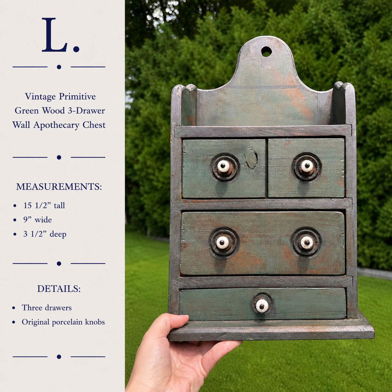 Vintage Primitive Green Wood 3-Drawer Wall Apothecary Chest with Original Porcelain Knobs