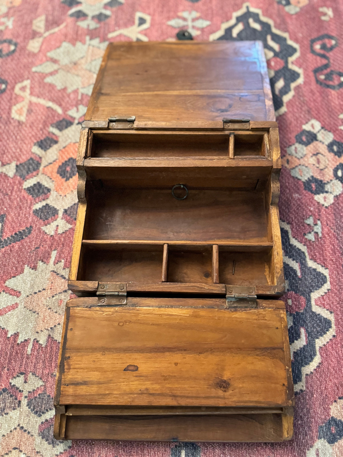 Antique 19th-Century Triple-Fold Traveling Writing Desk with Fitted Compartments