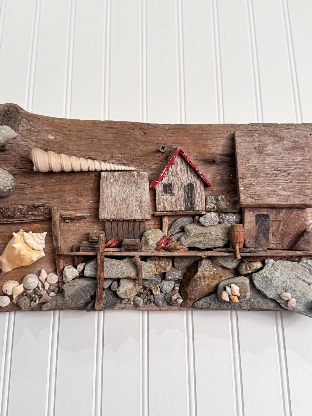 Handmade Coastal Folk Art Wall Sculpture | Driftwood & Seashell Village