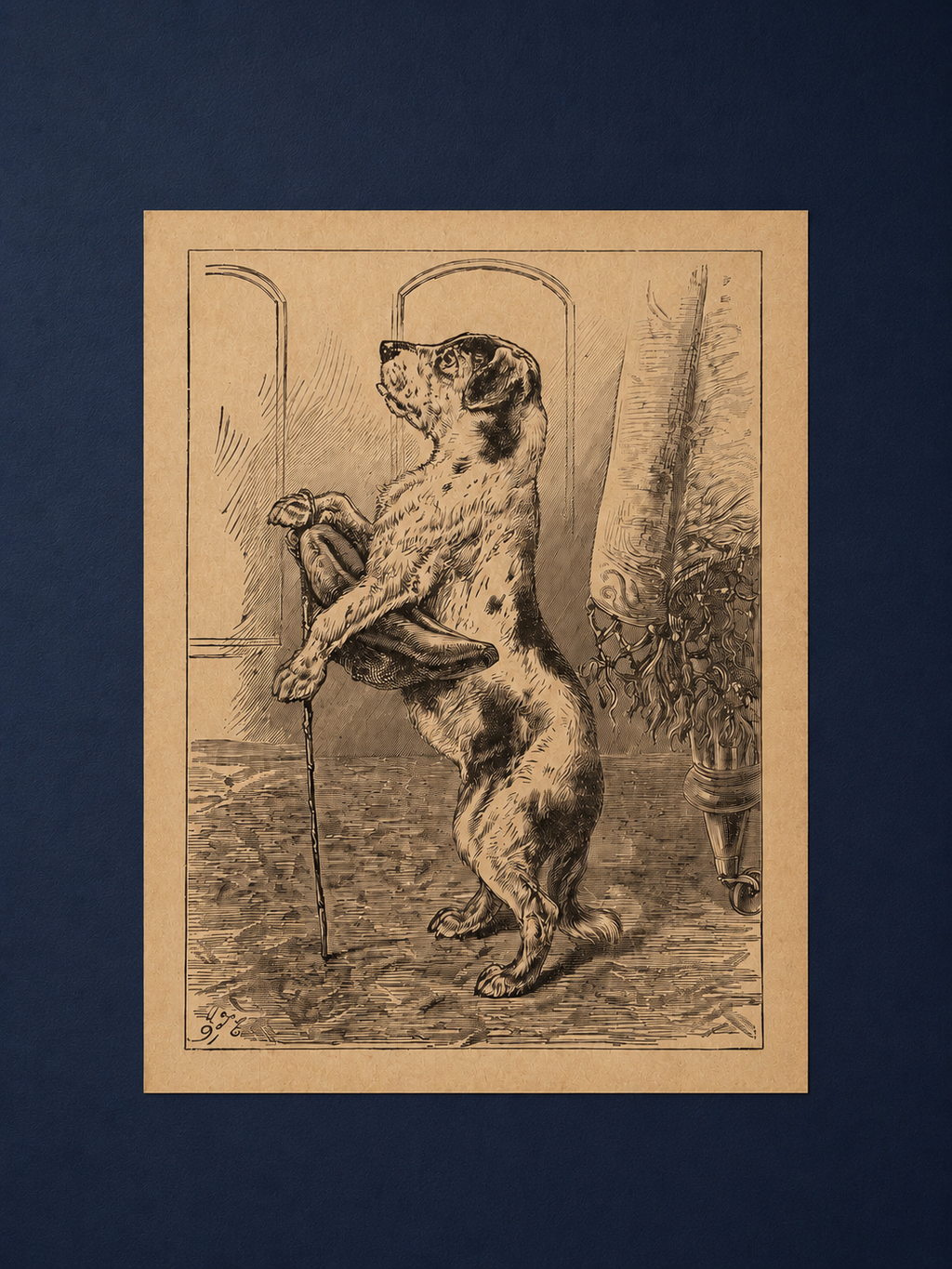 Antique Dog Book Plate Engraving Framed in Ornate 11x14 Gold-Silver Frame