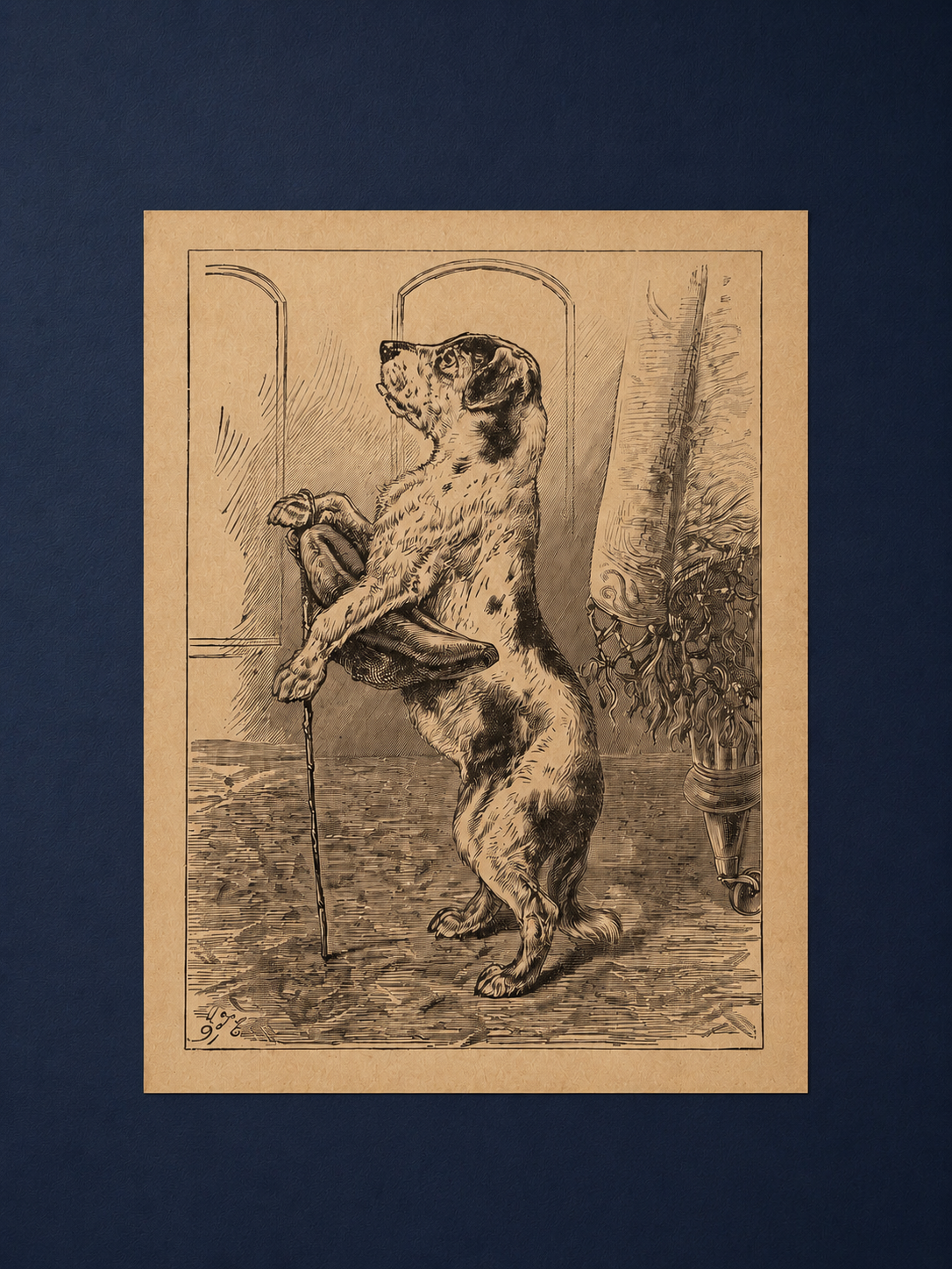 Antique Dog Book Plate Engraving Framed in Ornate 11x14 Gold-Silver Frame