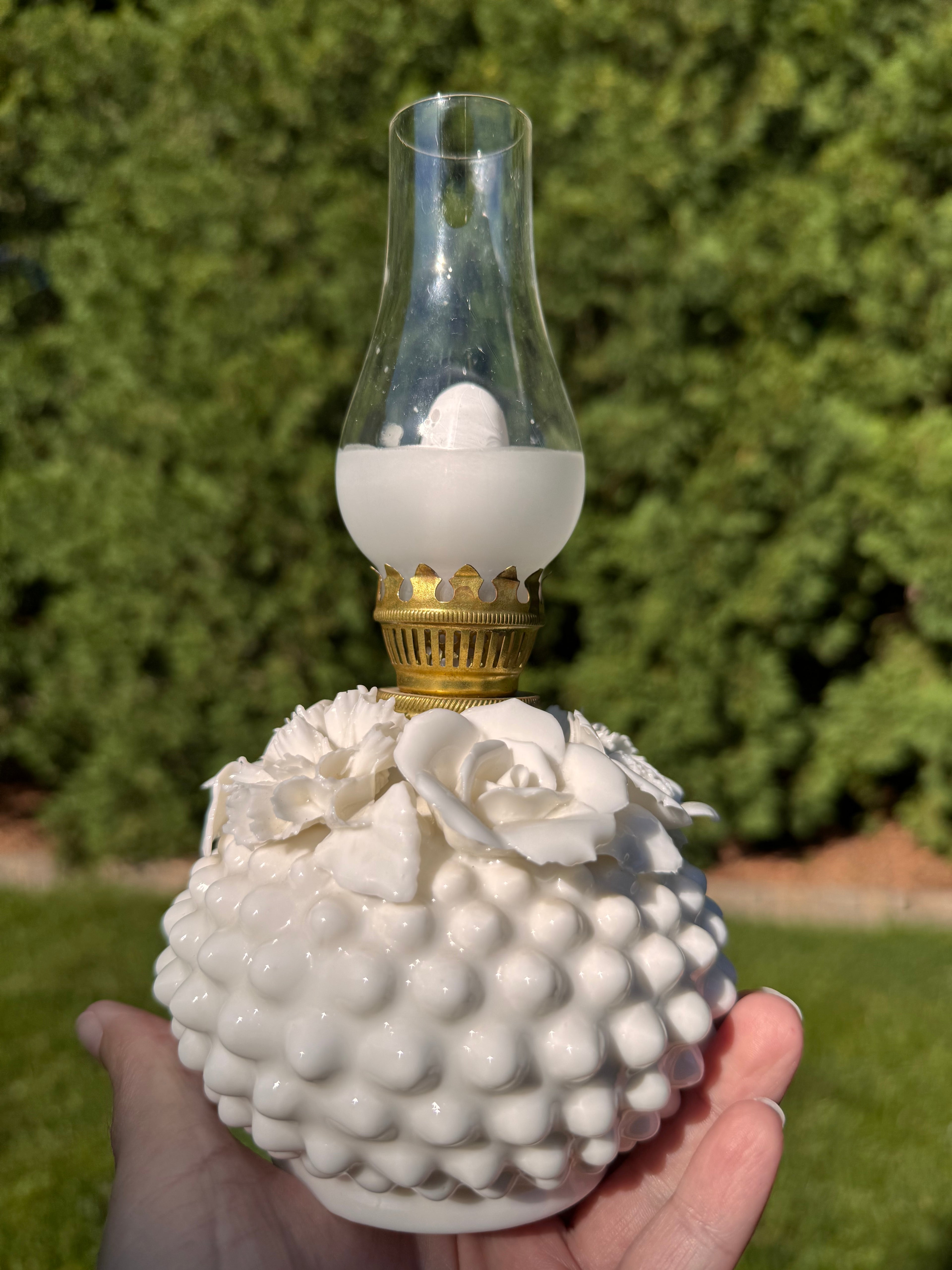 Vintage Fenton White Milk Glass Hobnail Boudoir Hurricane Lamp “Bantam”