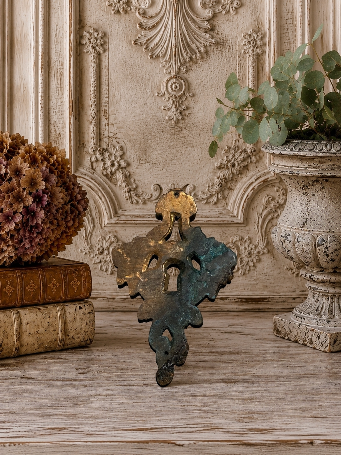 Antique Ornate Brass Escutcheon Plate | Verdigris Patina Architectural Fragment