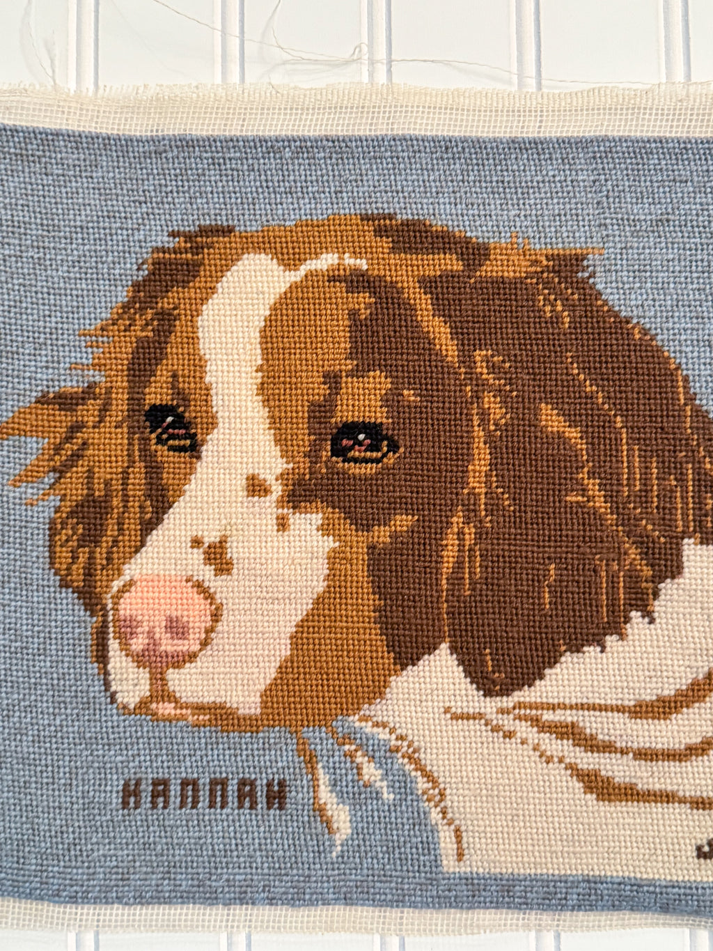 Vintage “Hannah” Dog Needlepoint | Signed Unframed Spaniel Needlework
