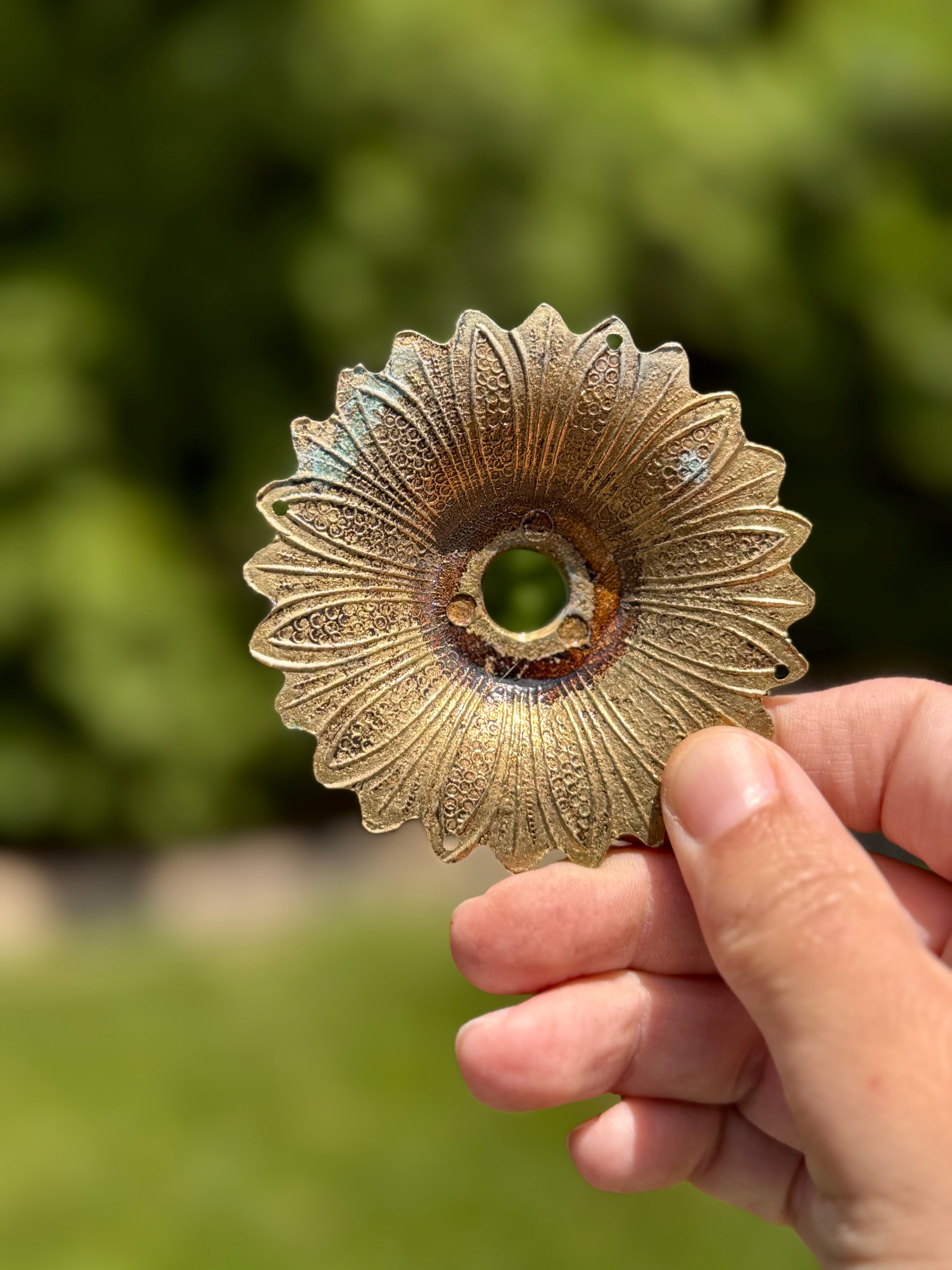 Antique Brass Floral Rosette | Architectural Salvage Medallion, 3”