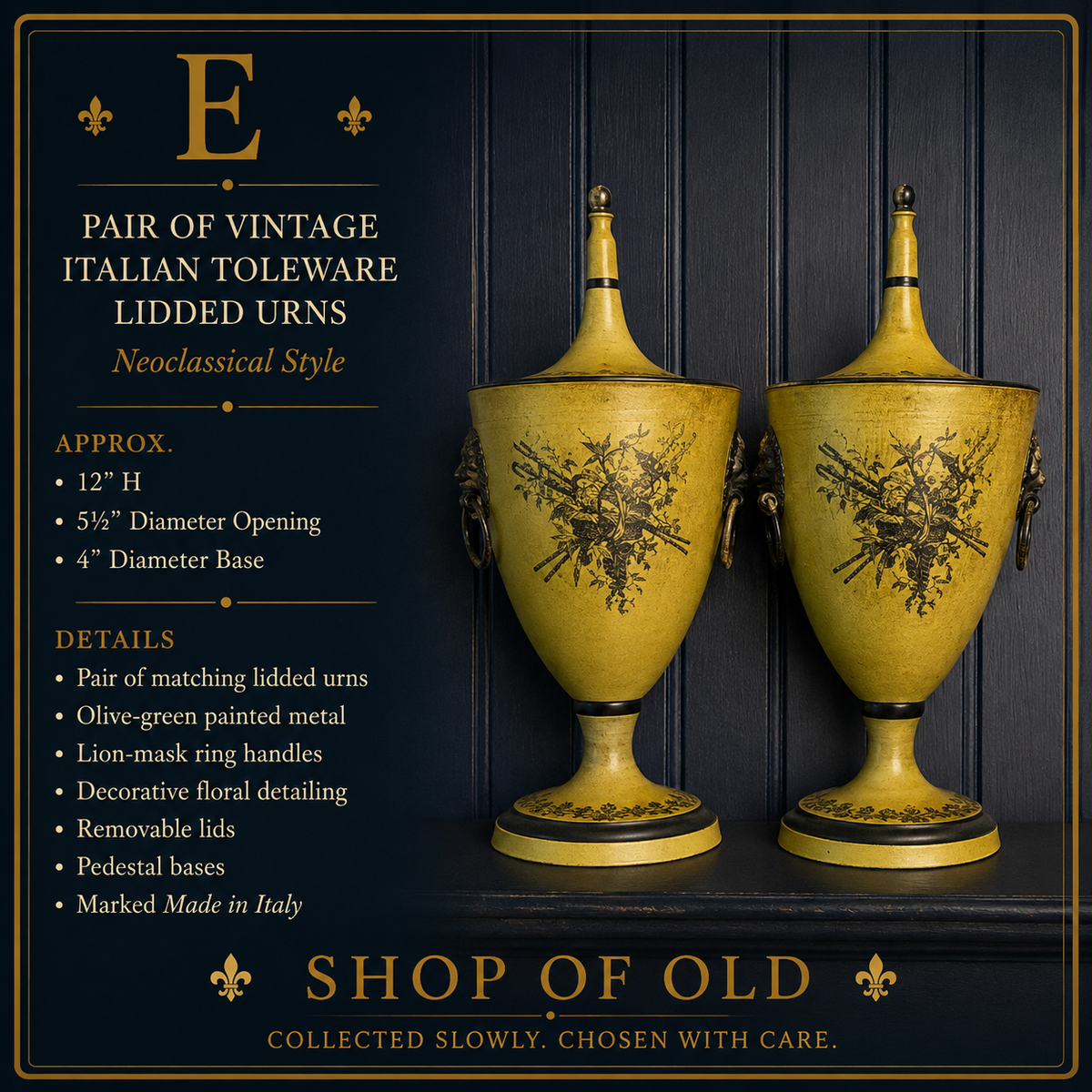 Pair of Vintage Italian Toleware Lidded Urns | Neoclassical Lion Handle Pedestal Urns