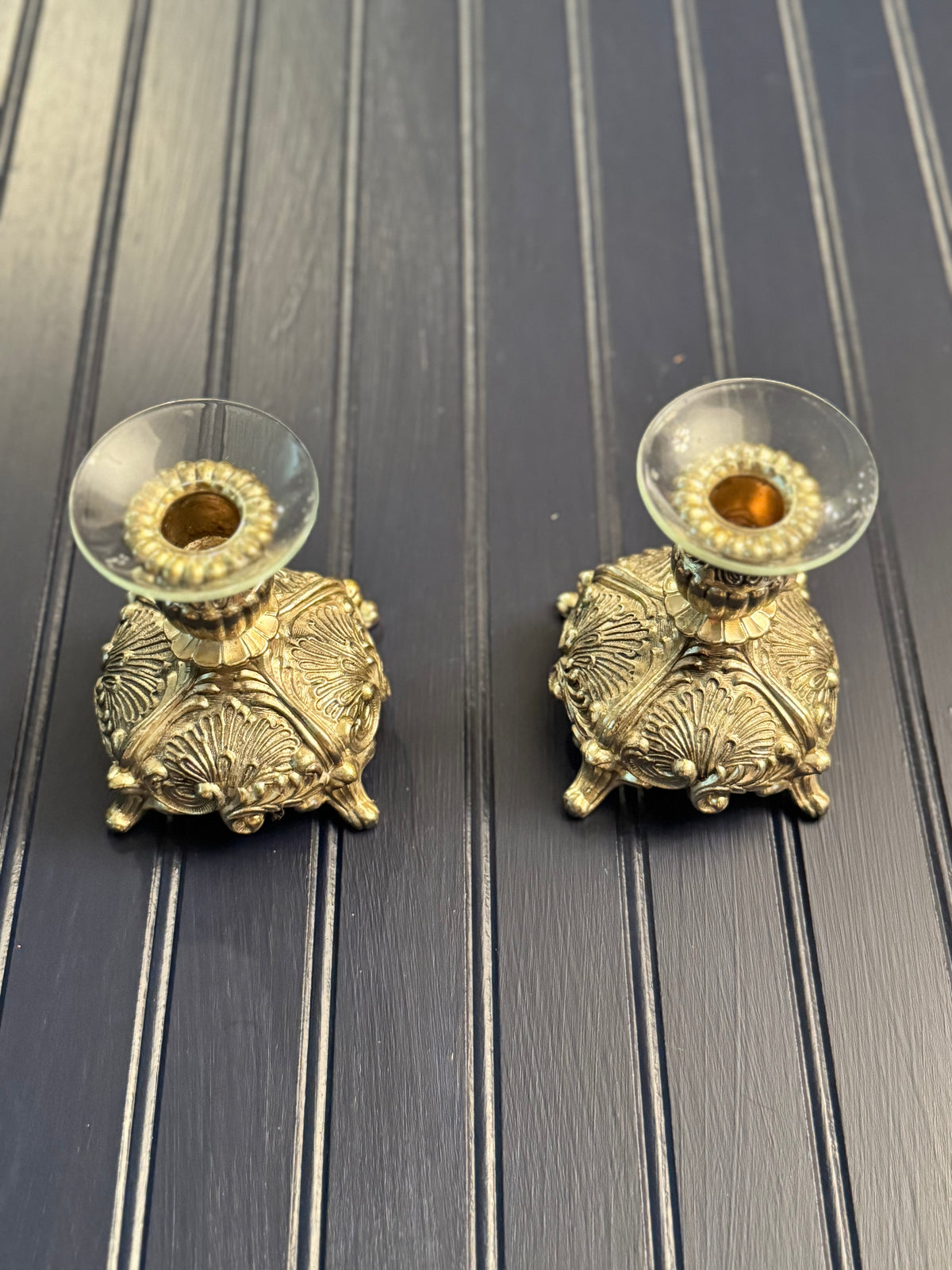 Vintage Japanese Silver-Tone Ornate Candlesticks with Glass Bobeches | Pair