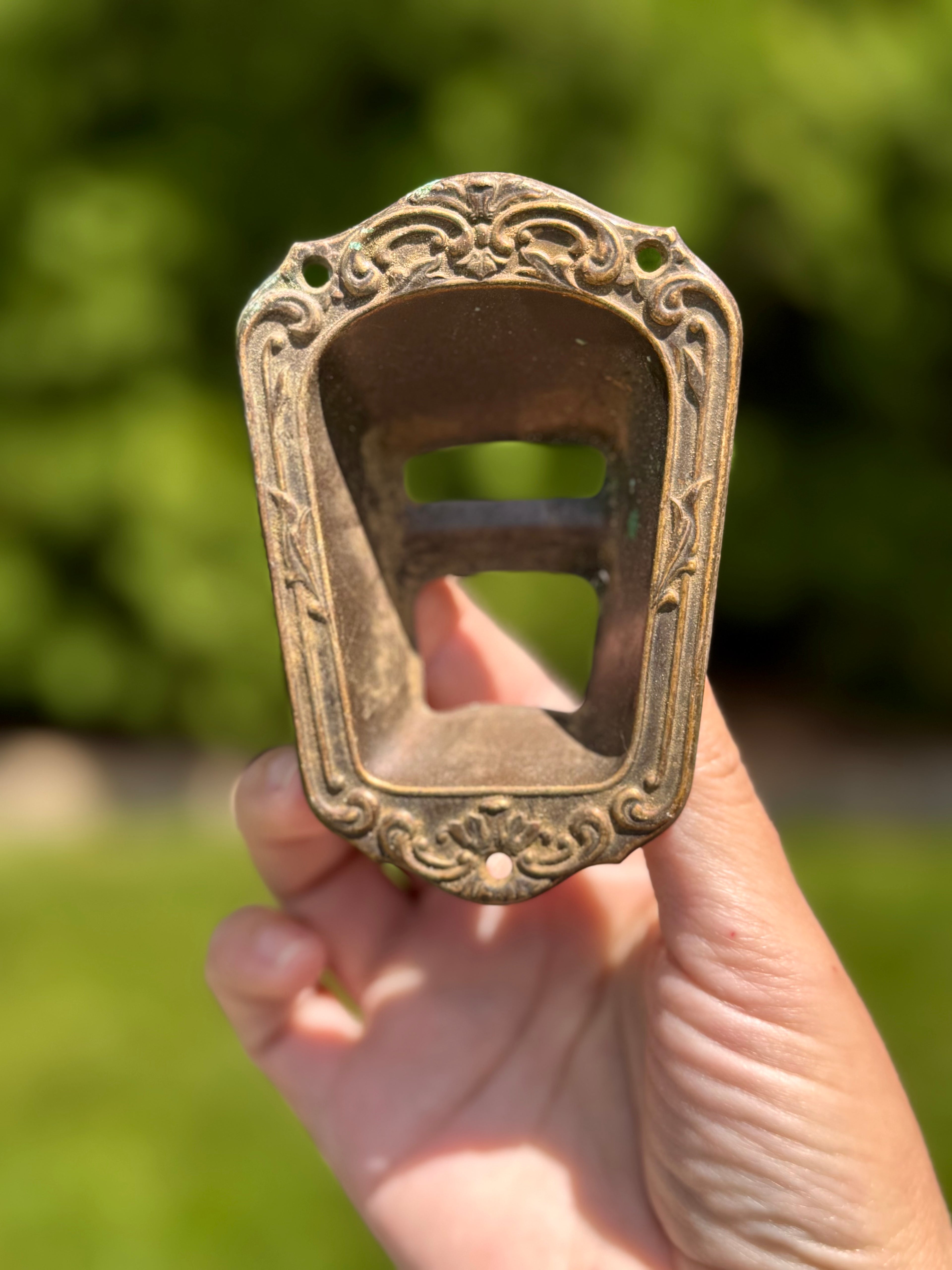 Antique French Brass Architectural Escutcheon Pocket | Ornate Salvaged Hardware Fragment, 4”