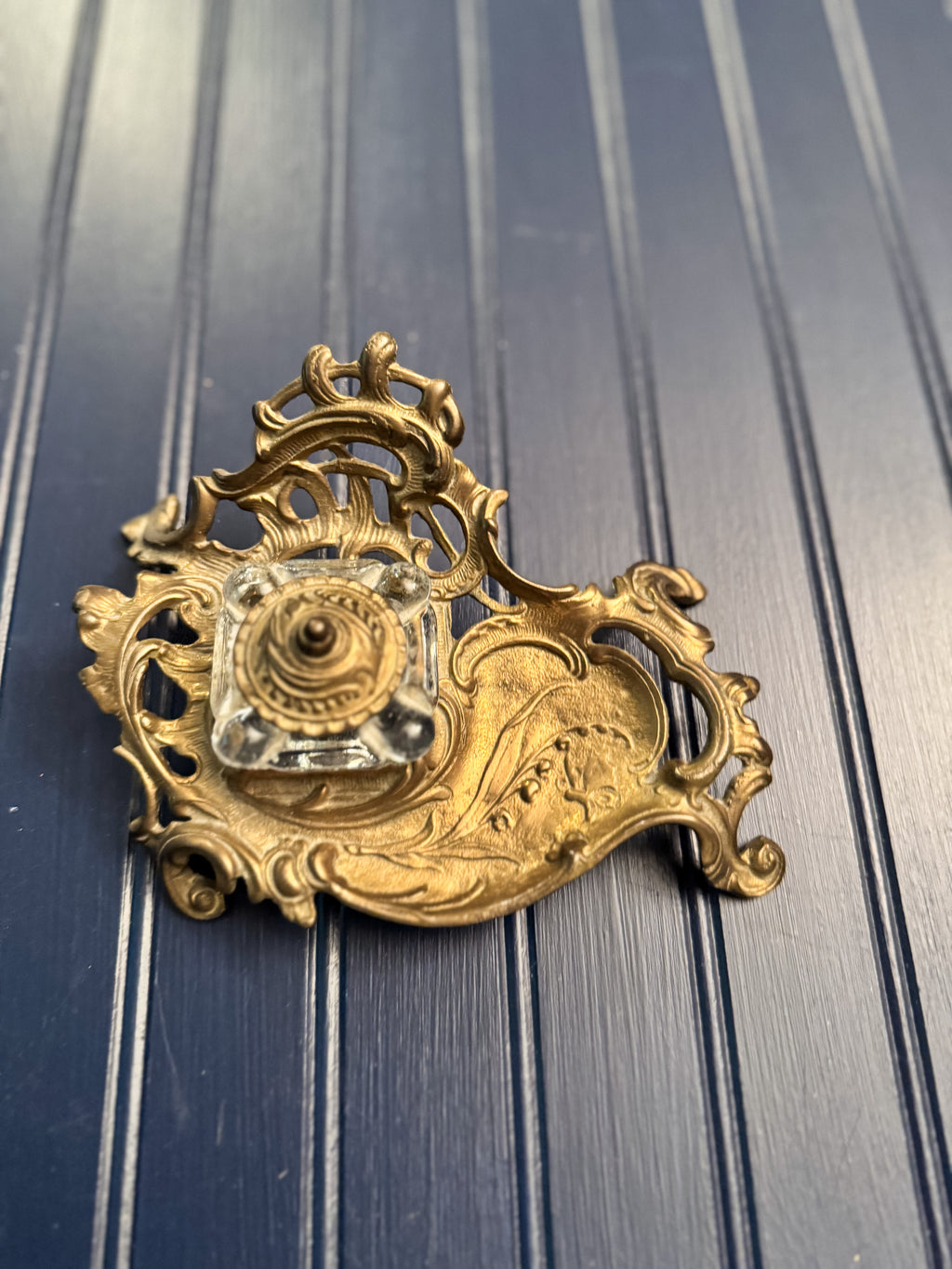 Vintage Brass & Glass Inkwell | Ornate Art Nouveau Style Desk Inkwell
