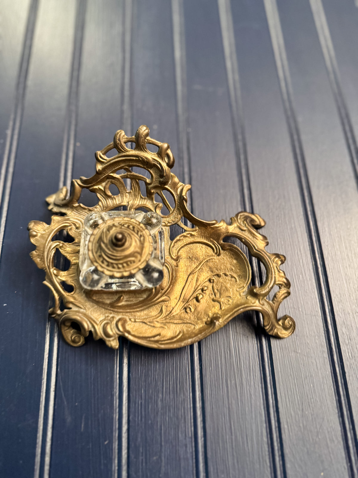 Vintage Brass & Glass Inkwell | Ornate Art Nouveau Style Desk Inkwell
