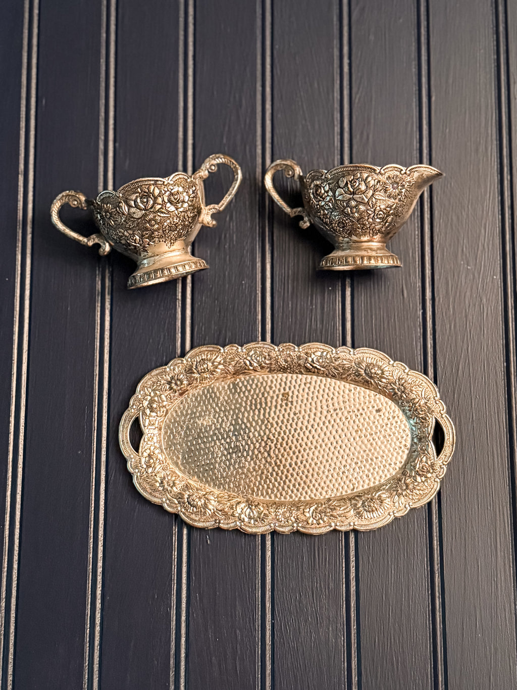 Vintage Silverplate Creamer & Serving Set with Porcelain-Lined Interiors & Tray