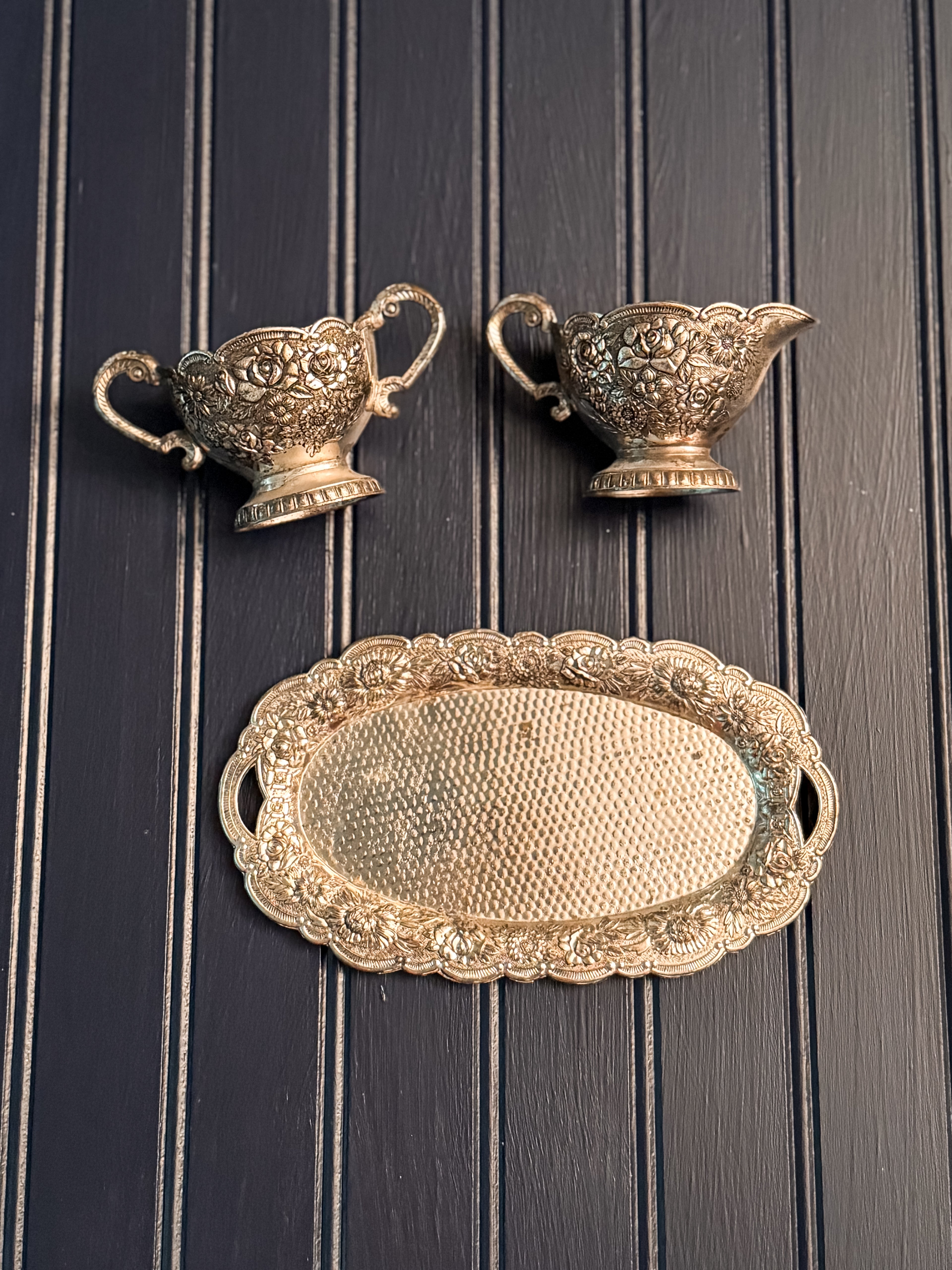Vintage Silverplate Creamer & Serving Set with Porcelain-Lined Interiors & Tray