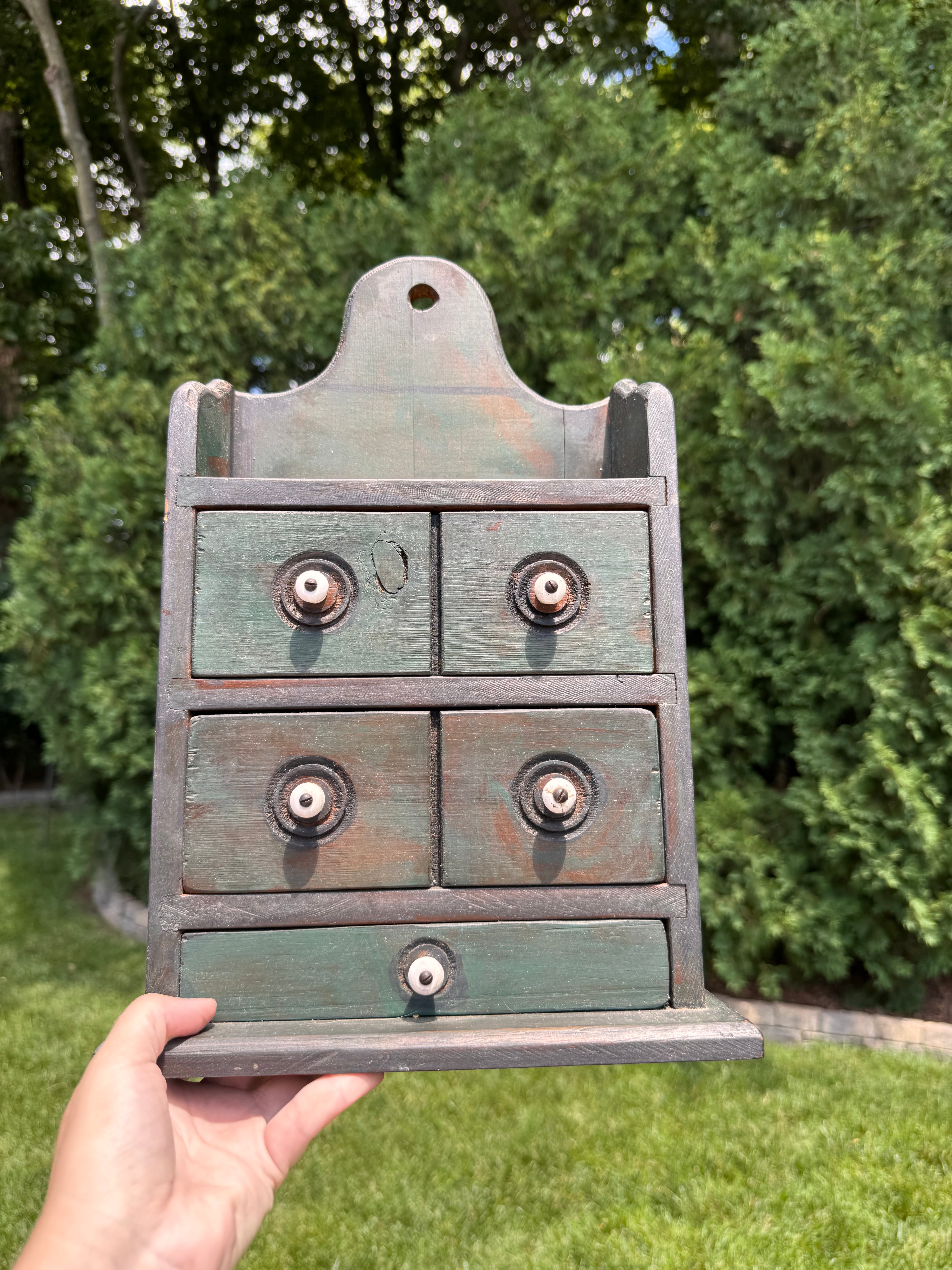 Vintage Primitive Green Wood 3-Drawer Wall Apothecary Chest with Original Porcelain Knobs