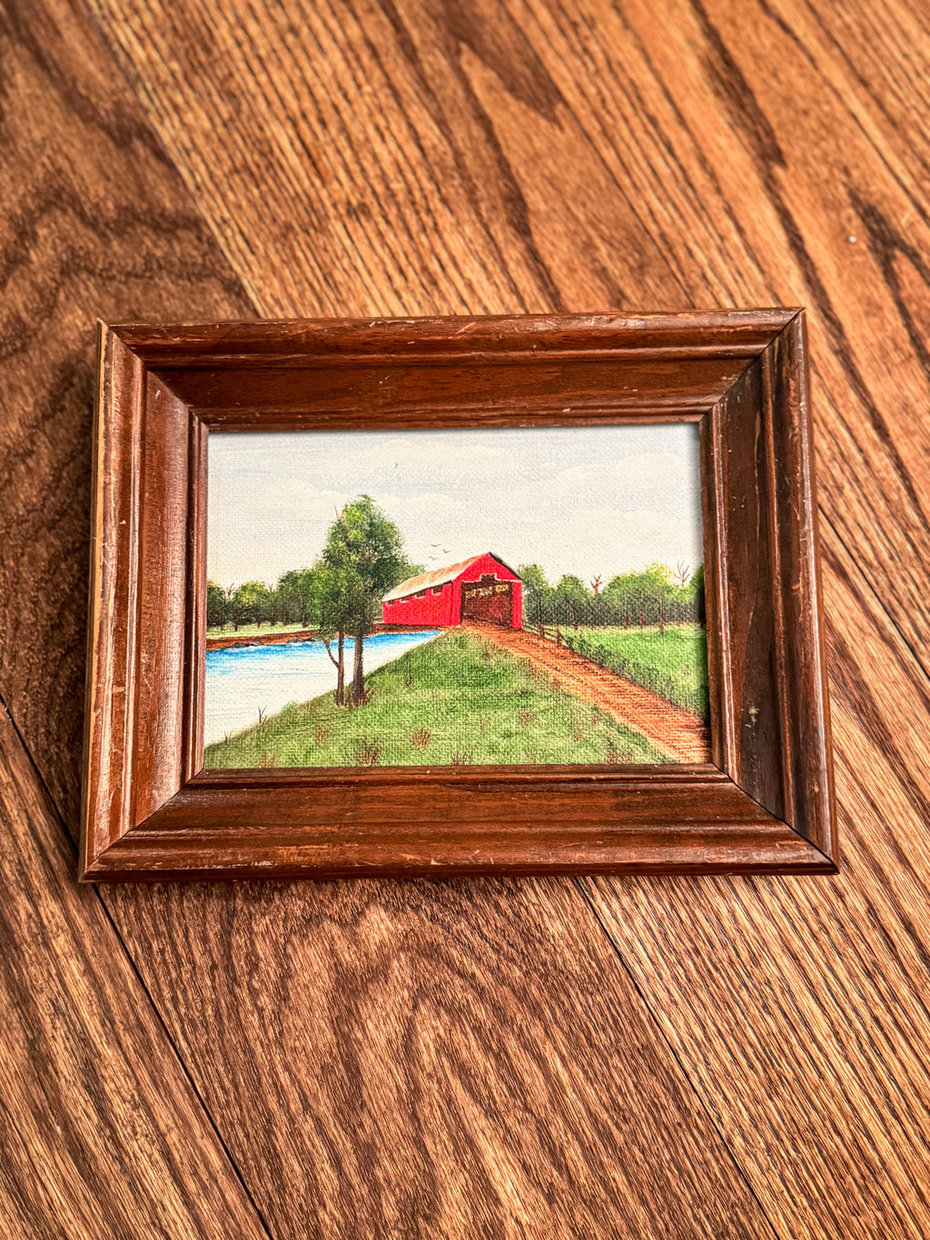 Original Framed Covered Bridge Landscape Painting | Oil on Board