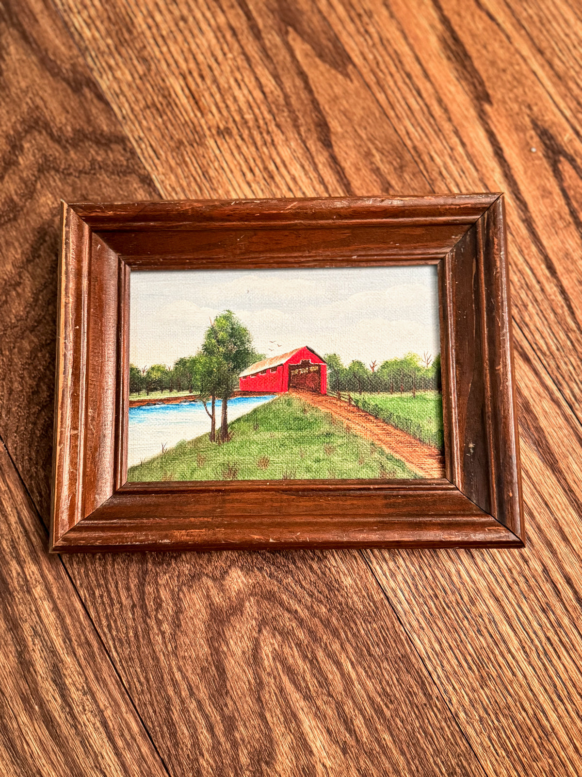 Original Framed Covered Bridge Landscape Painting | Oil on Board
