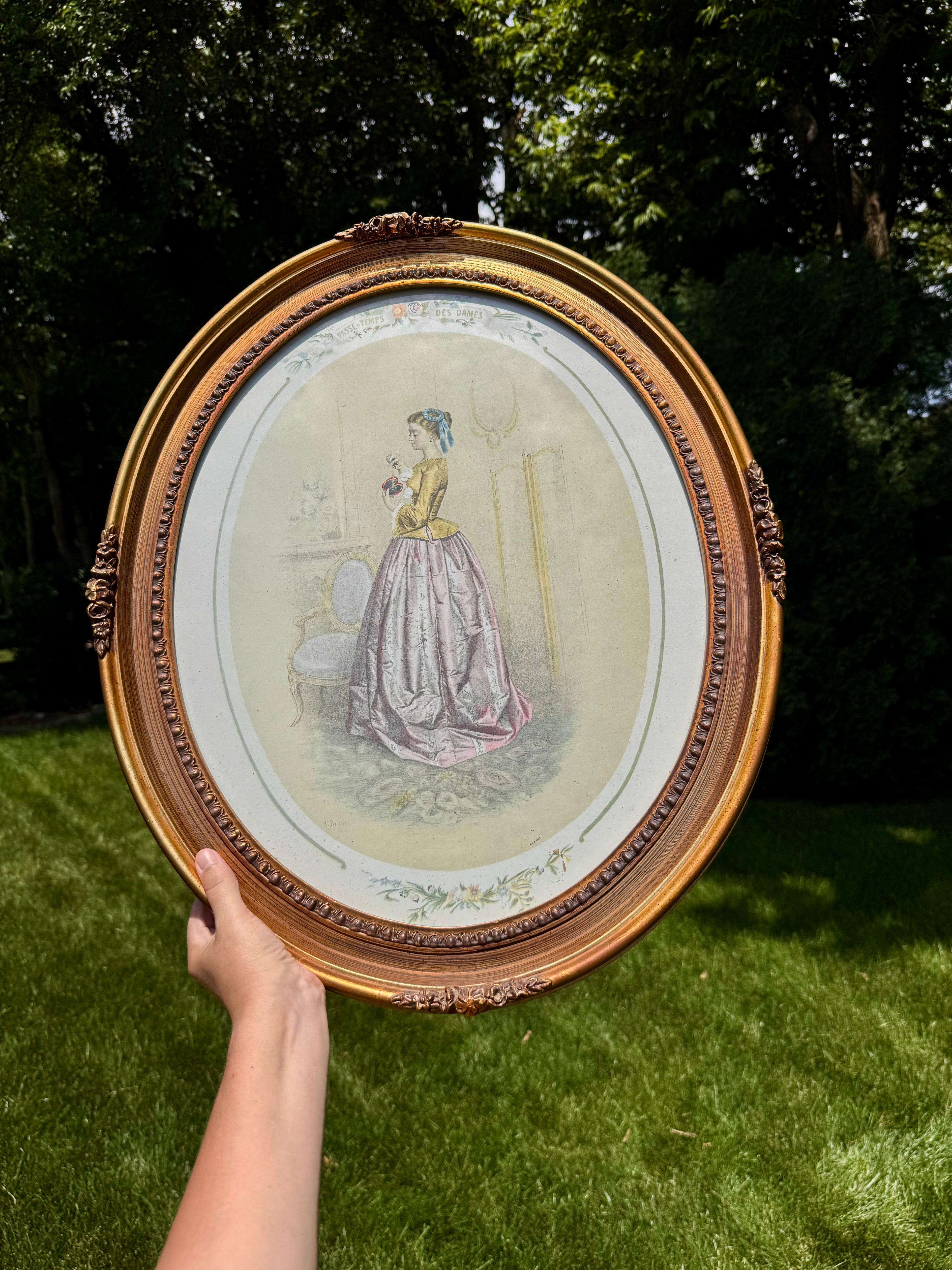 Vintage Oval “Passe-Temps des Dames” Lithograph Print in Ornate Gold Frame