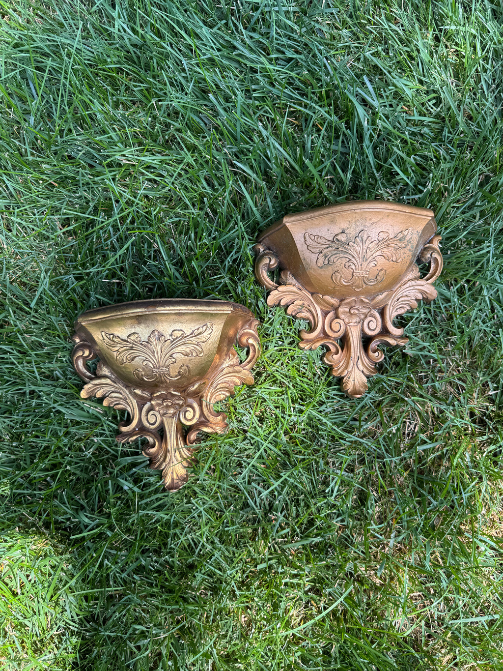 Vintage Pair of 1978 HOMCO Gold Wall Pocket Planters | Hollywood Regency Wall Pockets
