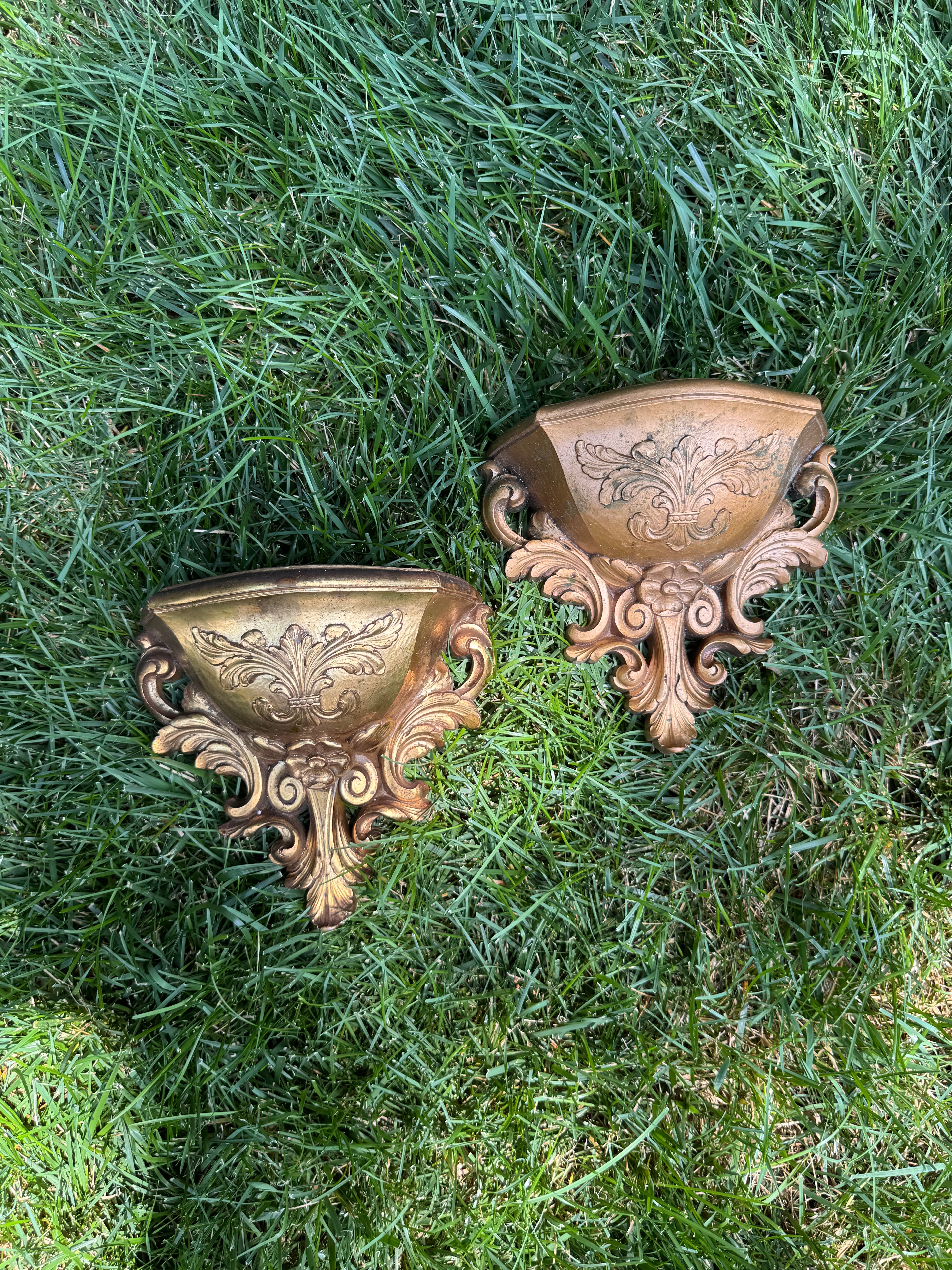 Vintage Pair of 1978 HOMCO Gold Wall Pocket Planters | Hollywood Regency Wall Pockets