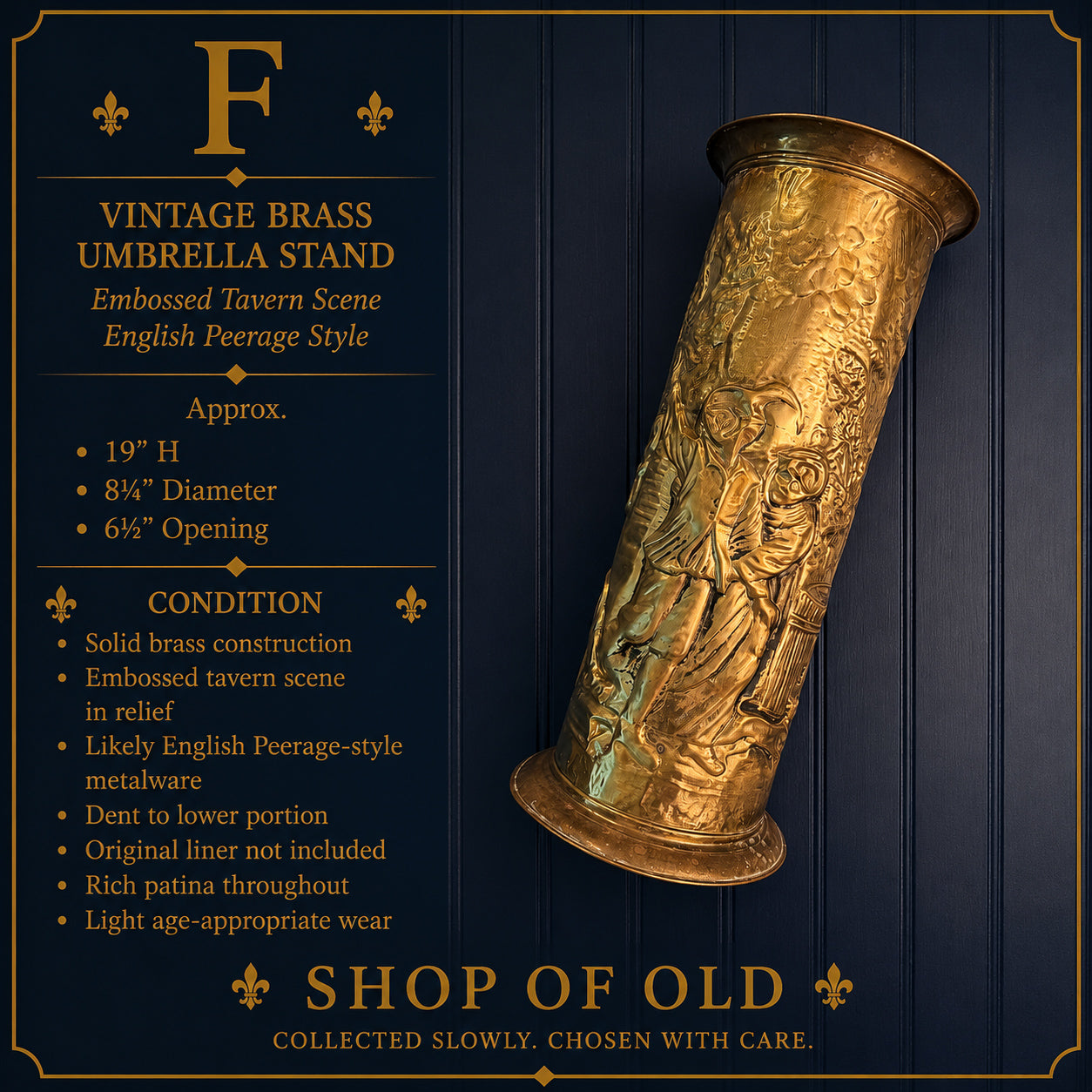 Vintage Brass Umbrella Stand | Embossed Tavern Scene | English Peerage Style | Hall Stand