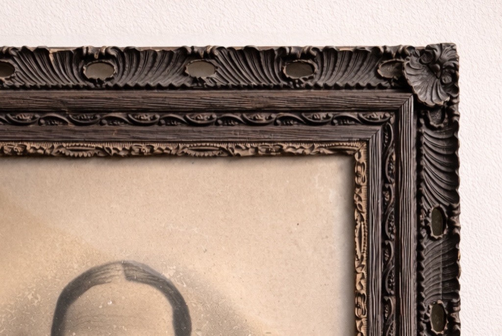 Antique Portrait in Deeply Carved Wood Frame, 27” x 23”