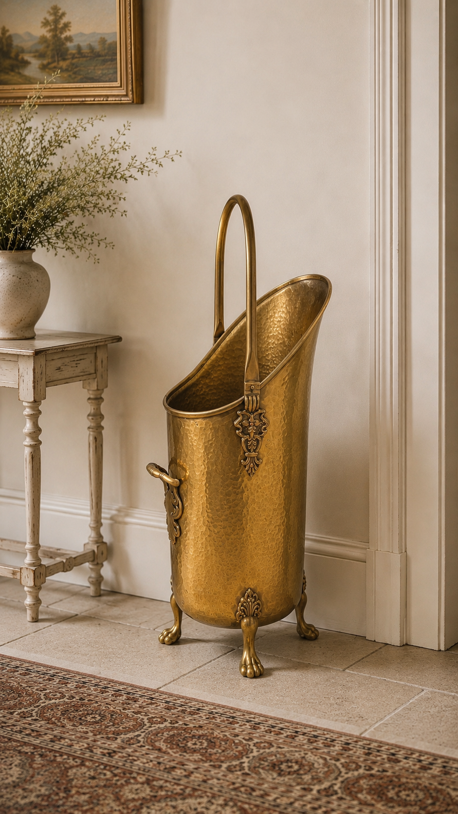 Vintage Hammered Brass Umbrella Stand | Lion Paw Coal Scuttle Fireplace Hod