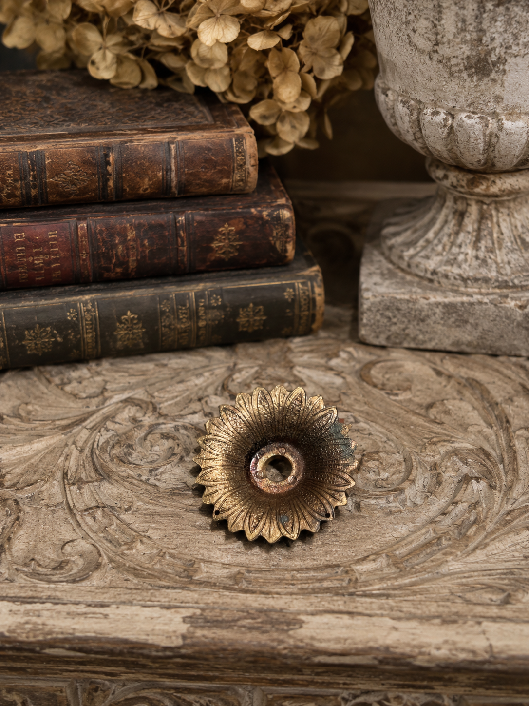 Antique Brass Floral Rosette | Architectural Salvage Medallion, 3”