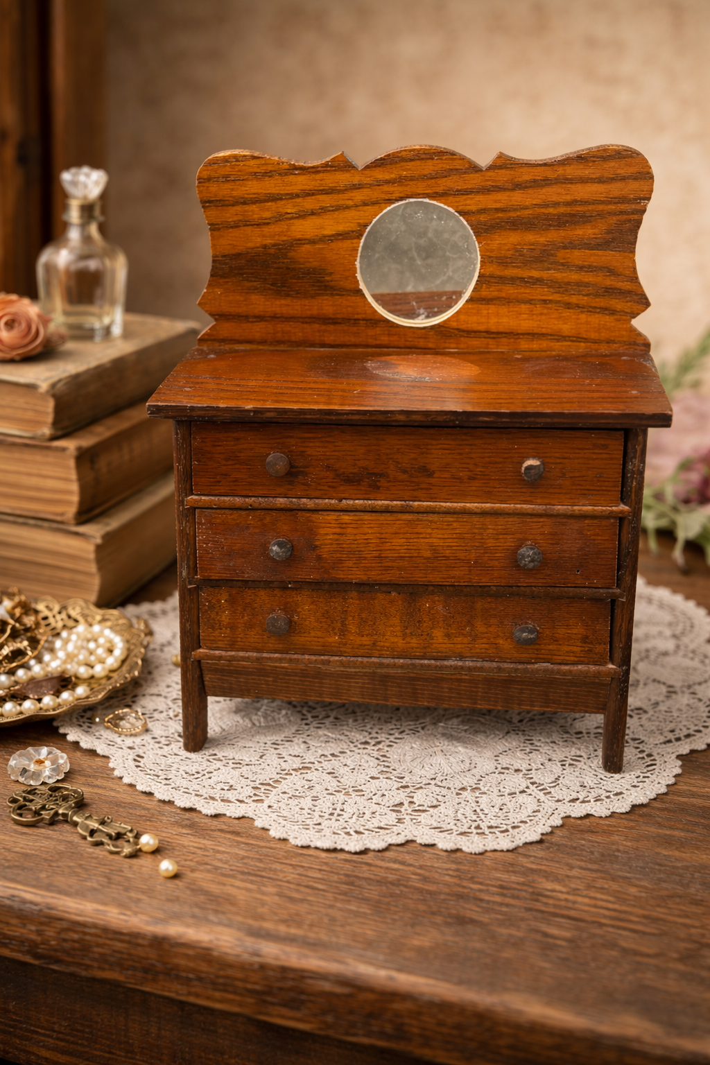 Antique Miniature Wooden Dresser Box Hand-Stained Doll Chest Jewelry Cabinet