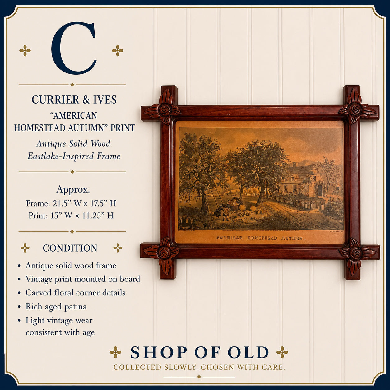 Currier & Ives “American Homestead Autumn” Print in Antique Eastlake Frame | Americana Wall Art