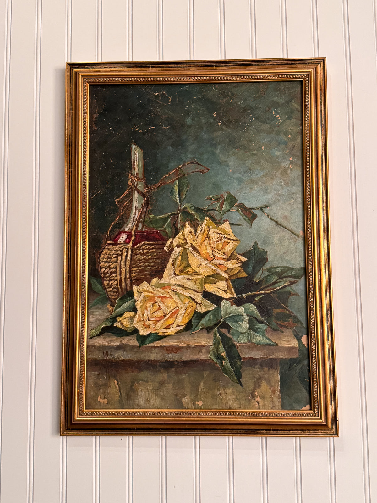 1901 Signed Oil on Board Still Life | Roses & Wine Bottle