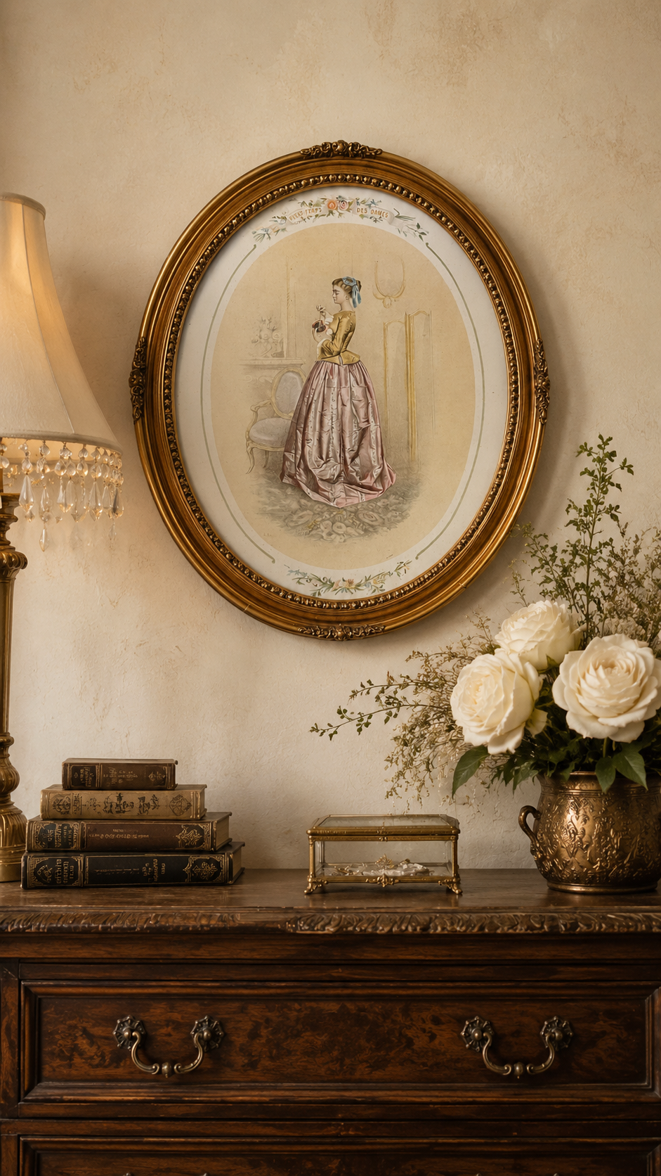 Vintage Oval “Passe-Temps des Dames” Lithograph Print in Ornate Gold Frame