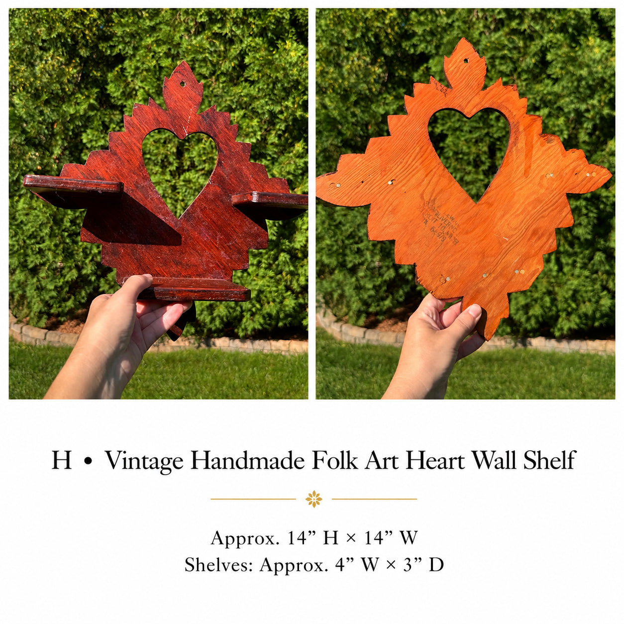 Vintage Handmade Folk Art Heart Wall Shelf