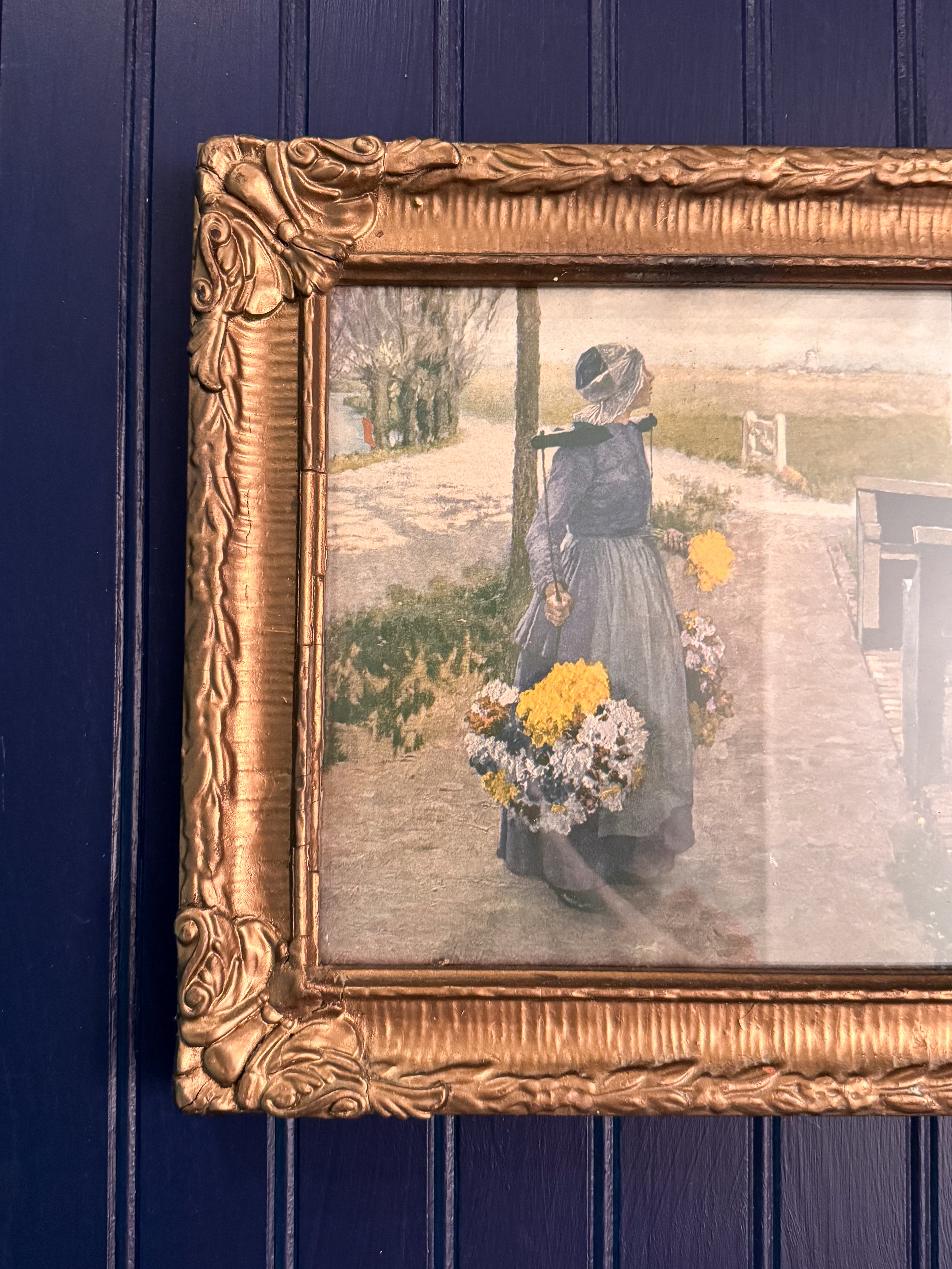 Vintage Framed “Flower Girl in Holland” Print | After George Hitchcock | Ornate Gilt Gesso Frame | Dutch Genre Scene