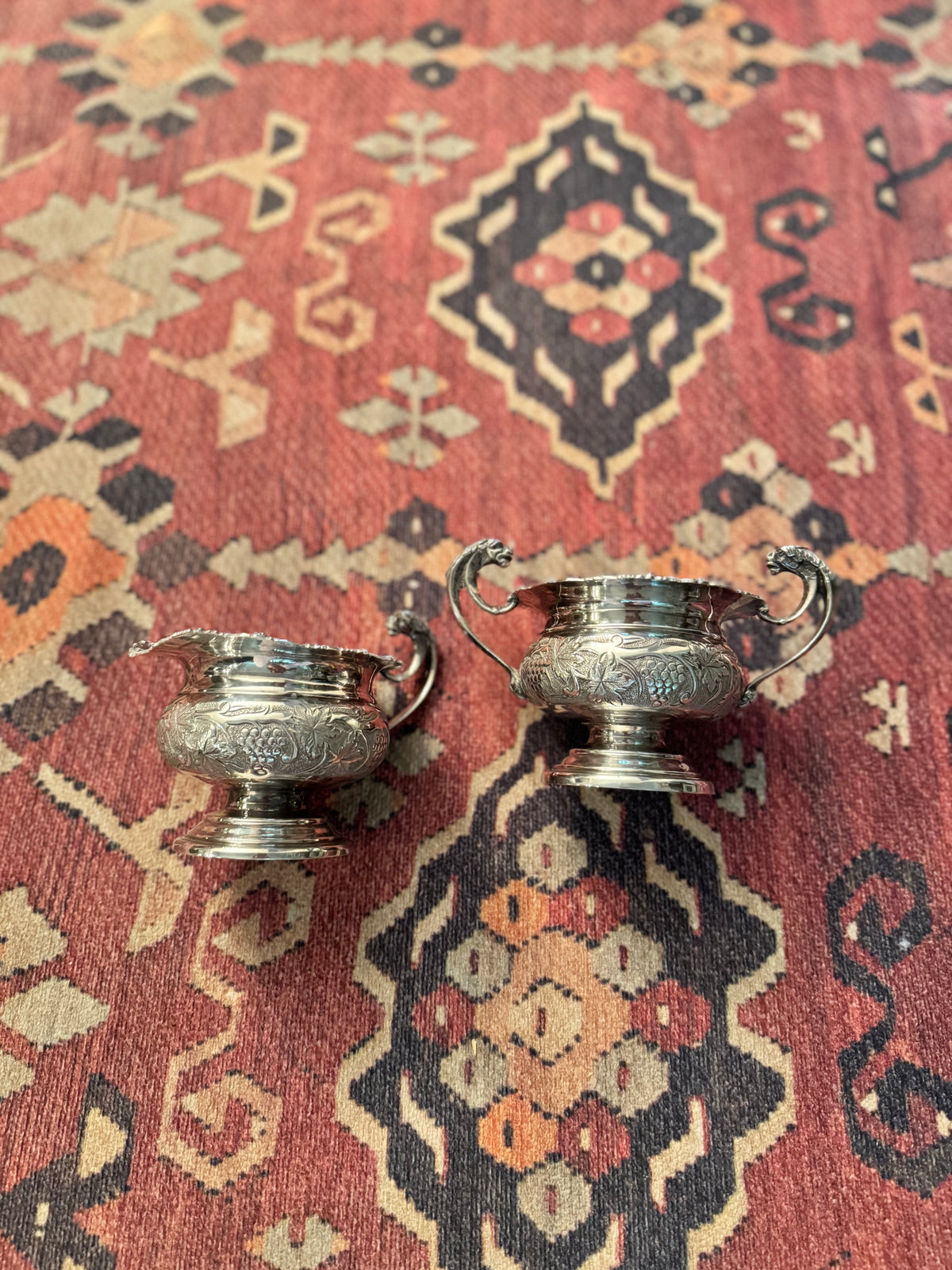 English Old Sheffield Reproduction Silverplate Creamer & Sugar Bowl with Dragon Handles