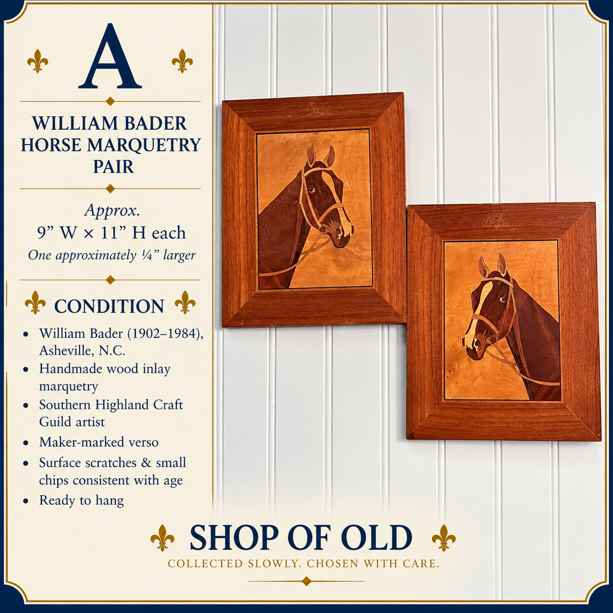 Vintage William Bader Horse Marquetry Pair | Asheville NC Equestrian Wood Inlay Art
