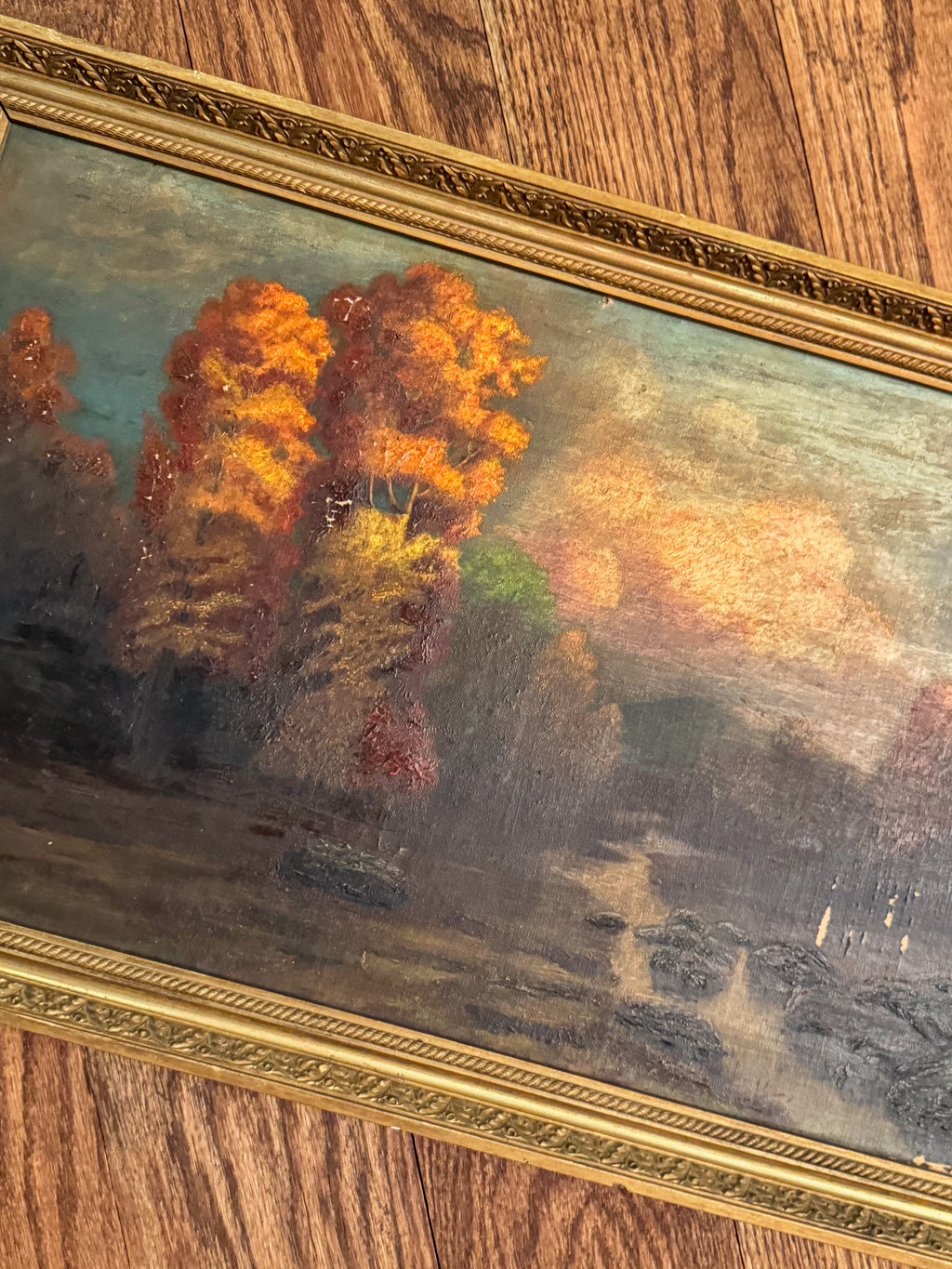 Signed Antique Tonalist Autumn River Landscape Oil Painting by R. Watkins | Original Gilt Frame
