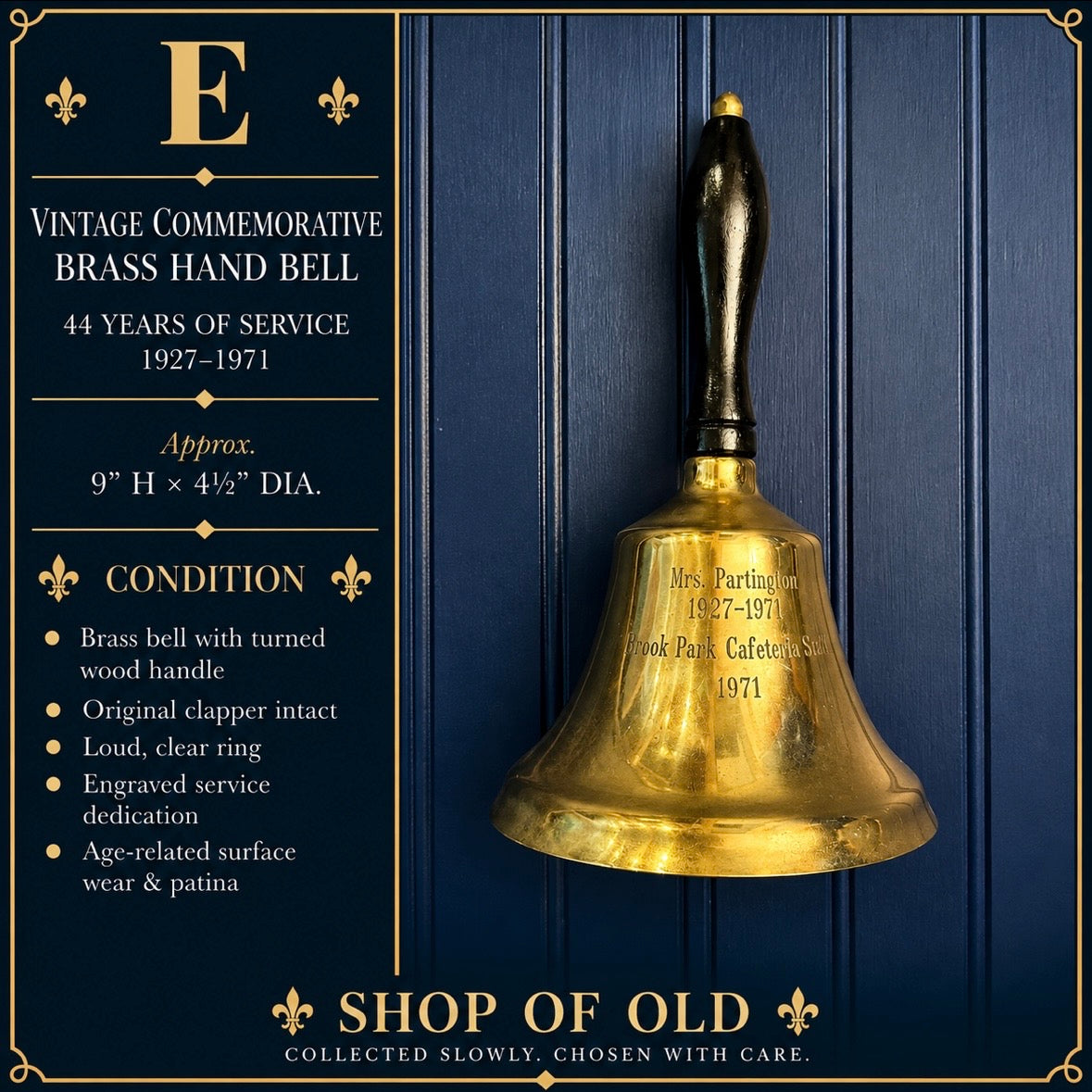 Vintage Commemorative Brass Hand Bell | Mrs. Partington | 1927–1971