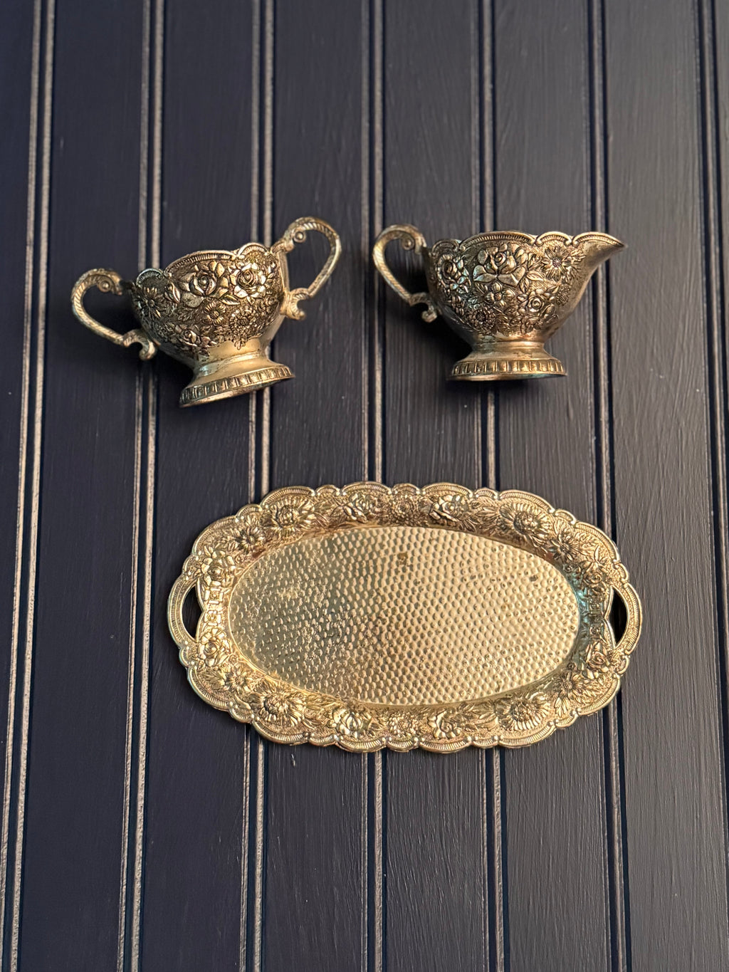 Vintage Silverplate Creamer & Serving Set with Porcelain-Lined Interiors & Tray