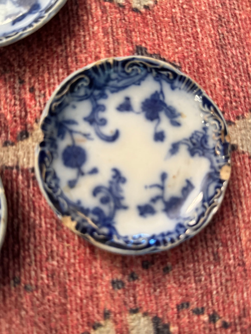 Antique Flow Blue Butter Pats with Silverplate Master Butter Knife | Set of Five