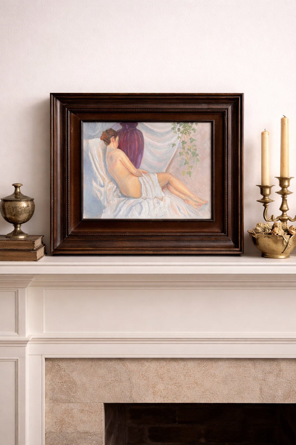 Vintage Oil Painting Nude Study M. Wells Inscribed Verso Walnut Frame