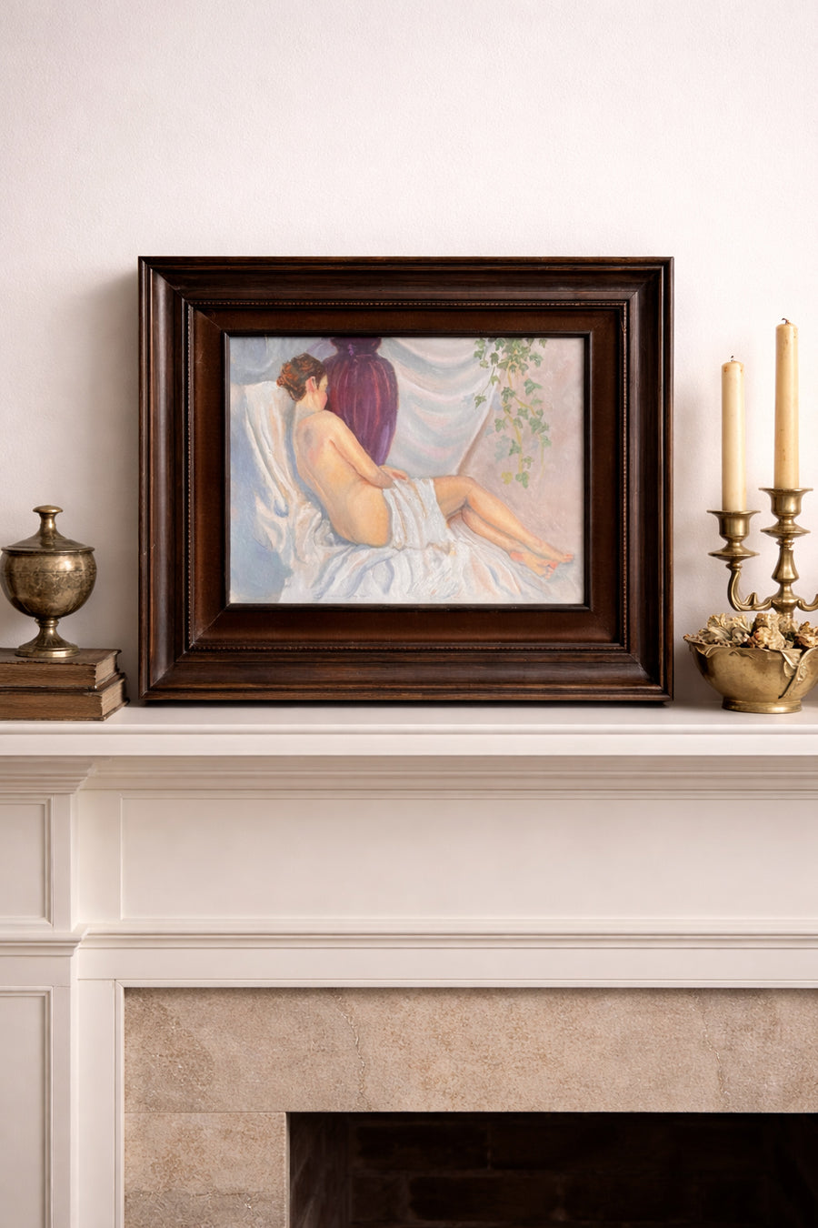 Vintage Oil Painting Nude Study M. Wells Inscribed Verso Walnut Frame