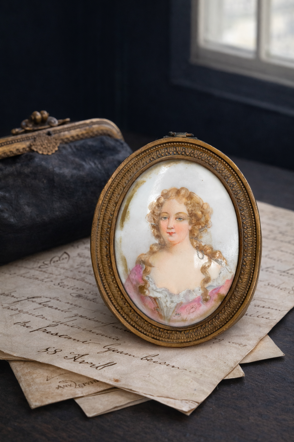 Antique French Porcelain Portrait Miniature, Signed Bizet, Brass Frame