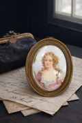 Antique French Porcelain Portrait Miniature, Signed Bizet, Brass Frame