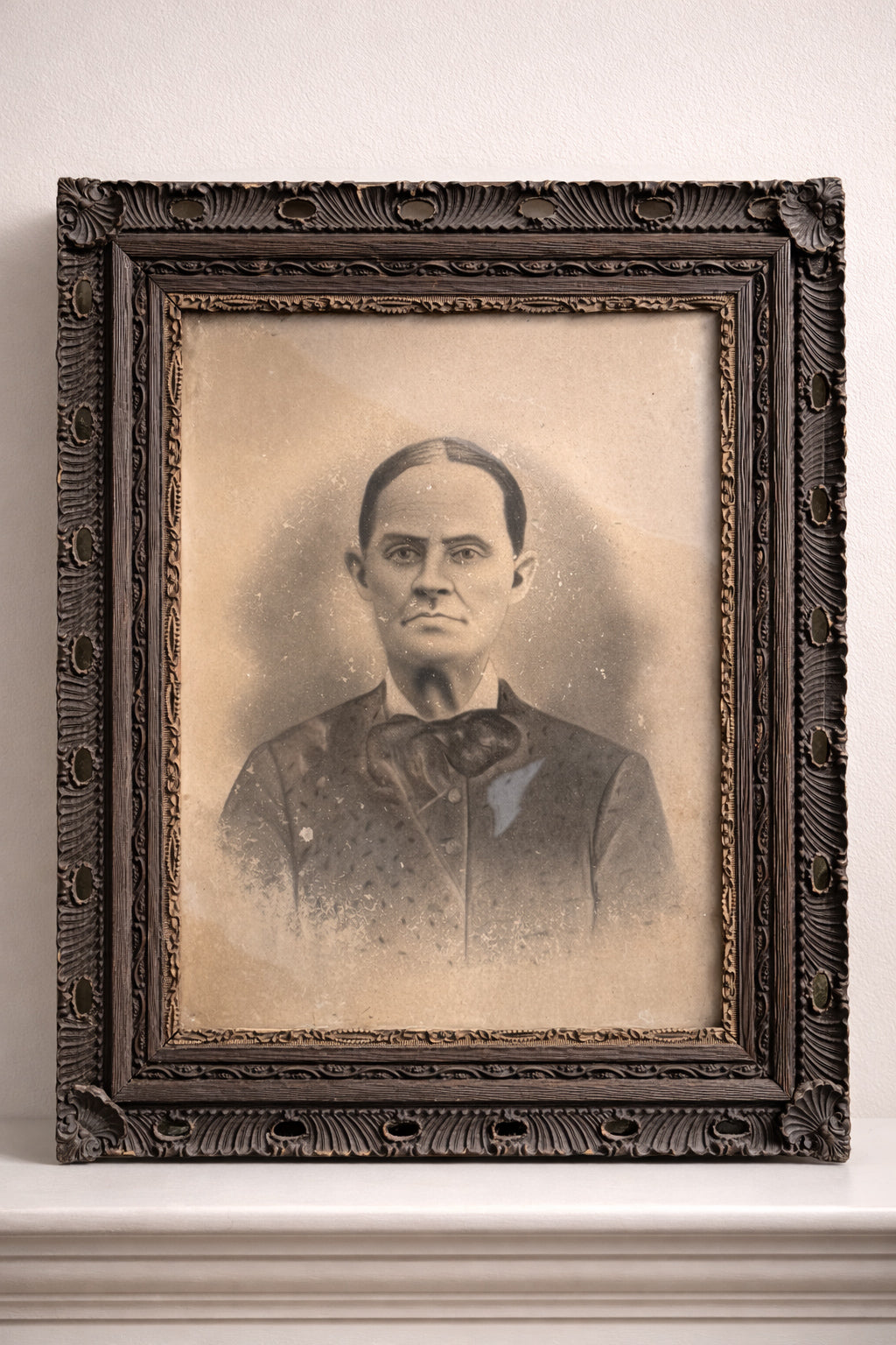 Antique Portrait in Deeply Carved Wood Frame, 27” x 23”