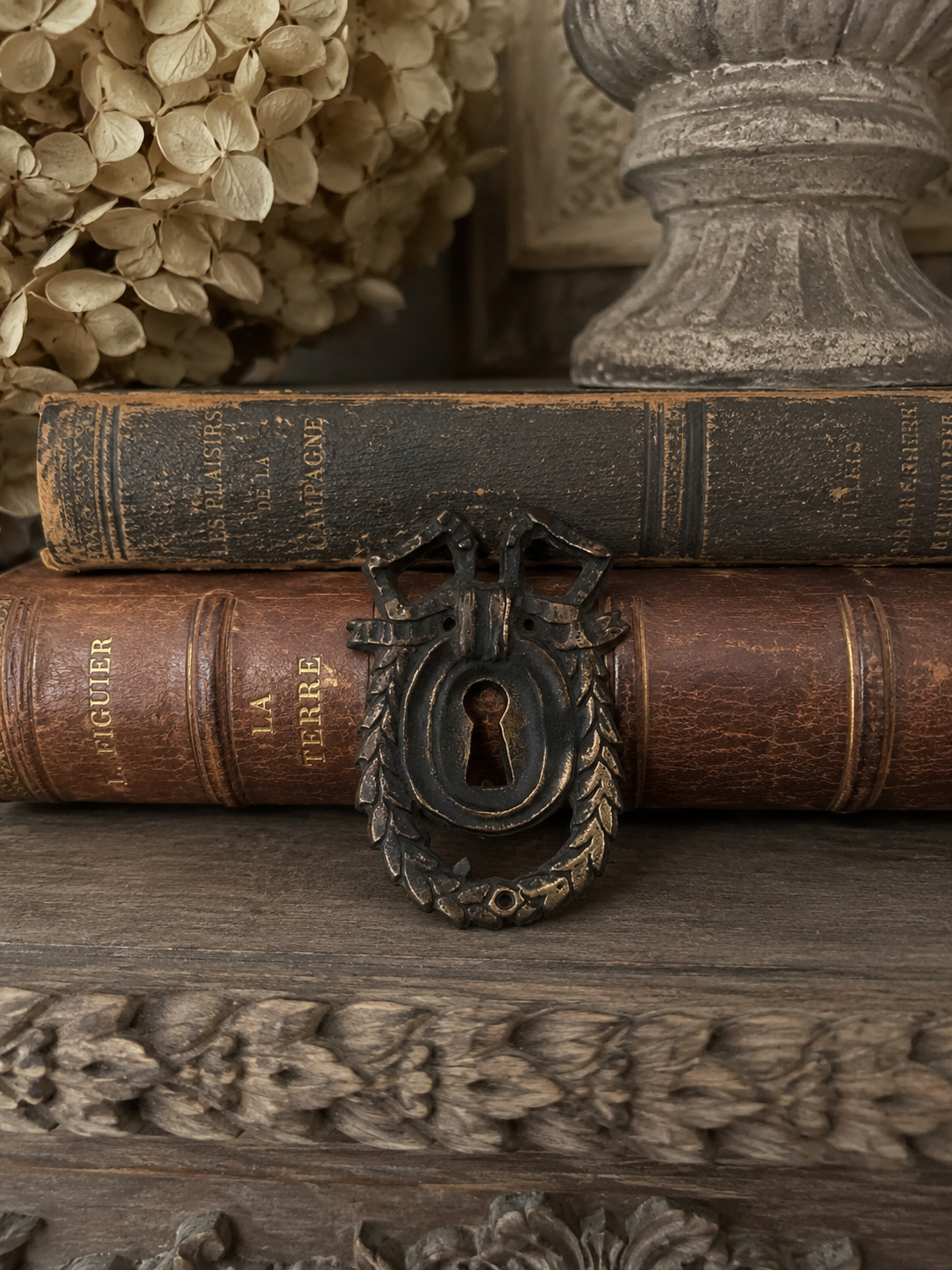 Antique Laurel Wreath Keyhole Escutcheon | Cast Brass Furniture Hardware Fragment